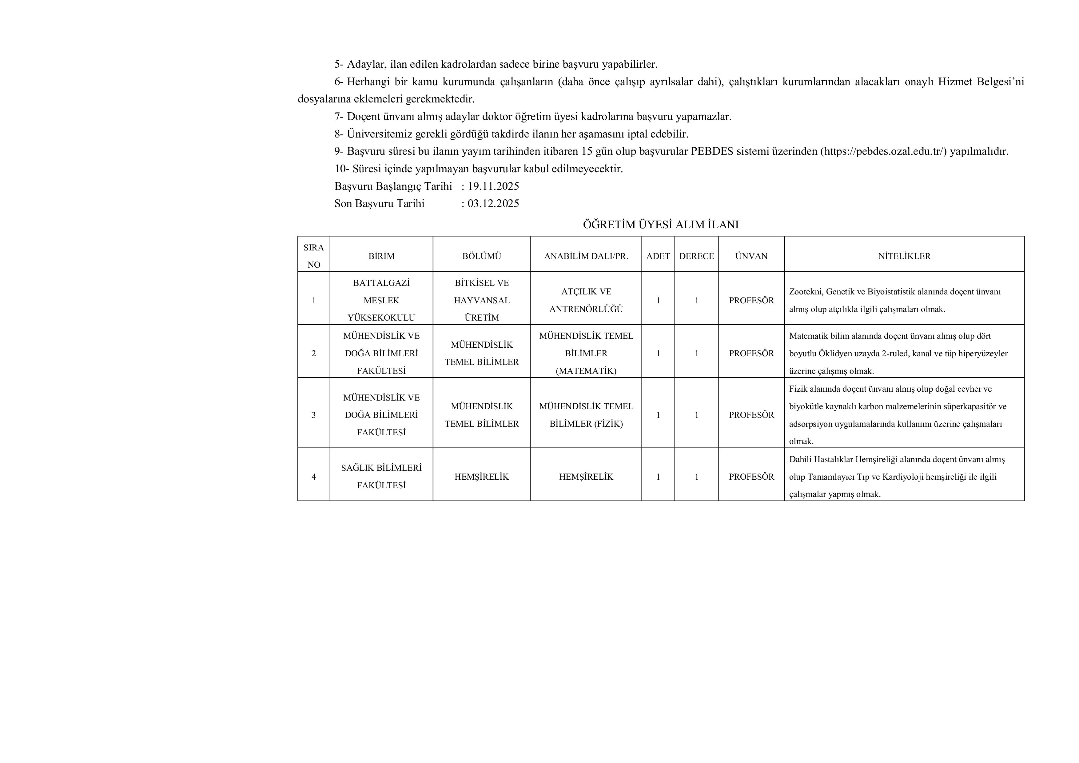 MALATYA TURGUT ÖZAL ÜNİVERSİTESİ 40 ÖĞRETİM ELEMANIALACAK ( 19 Kasım - 3 Aralık) İlan İçeriği Sayfa 8