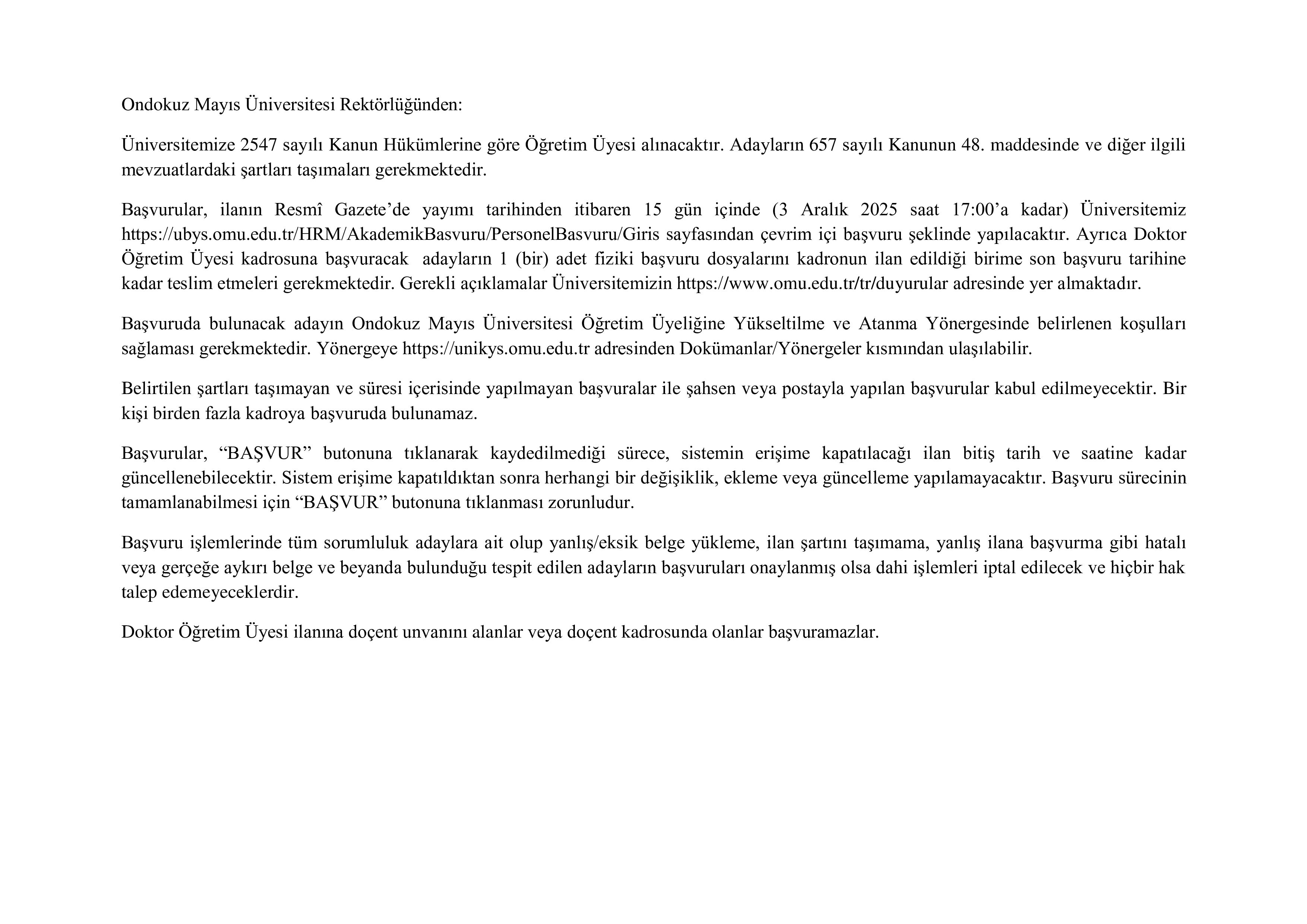 ONDOKUZ MAYIS ÜNİVERSİTESİ 1 ÖĞRETİM ÜYESİ ALACAK ( 19 Kasım - 3 Aralık) İlan İçeriği Sayfa 1