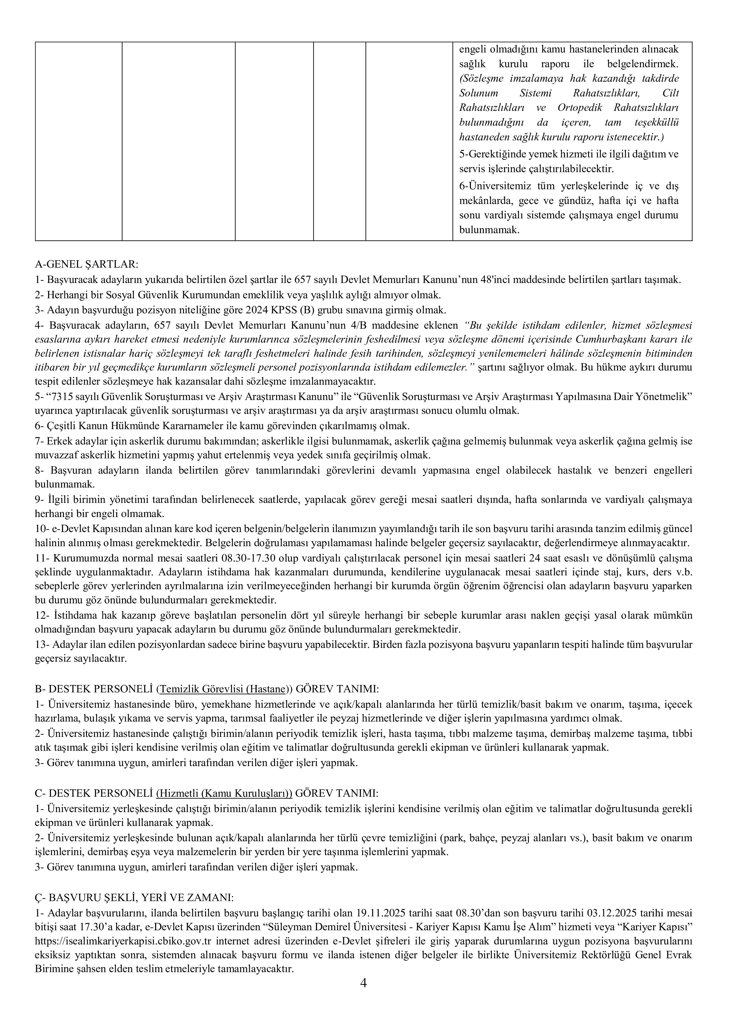 SÜLEYMAN DEMİREL ÜNİVERSİTESİ 68 SÖZLEŞMELİ PERSONEL ALACAK ( 19 Kasım - 3 Aralık) İlan İçeriği Sayfa 4