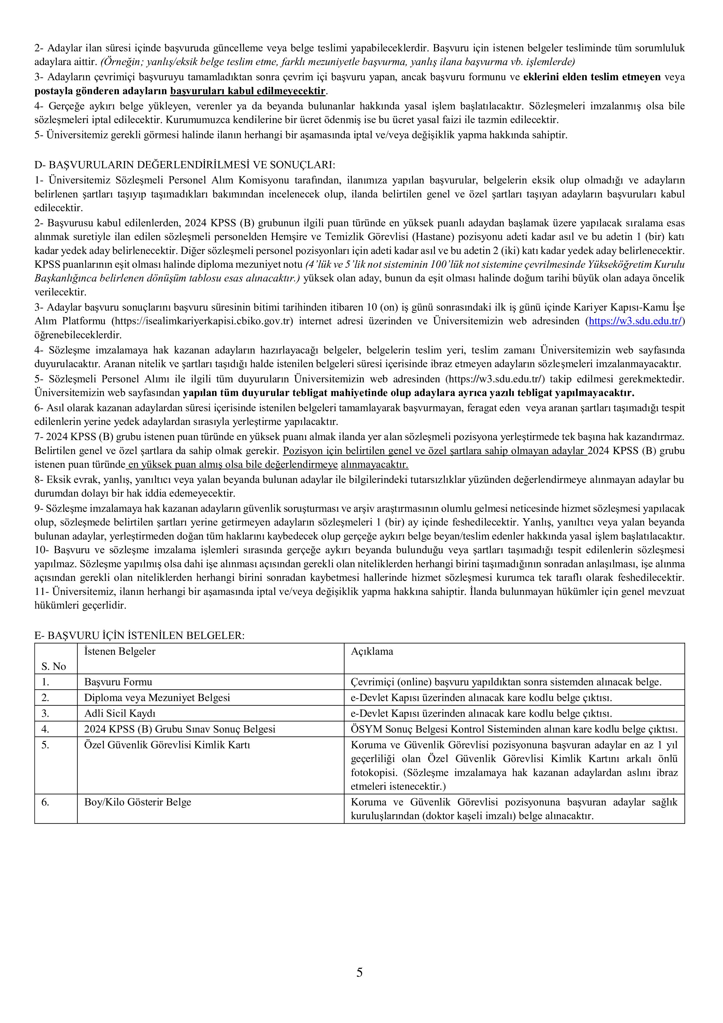 SÜLEYMAN DEMİREL ÜNİVERSİTESİ 68 SÖZLEŞMELİ PERSONEL ALACAK ( 19 Kasım - 3 Aralık) İlan İçeriği Sayfa 5