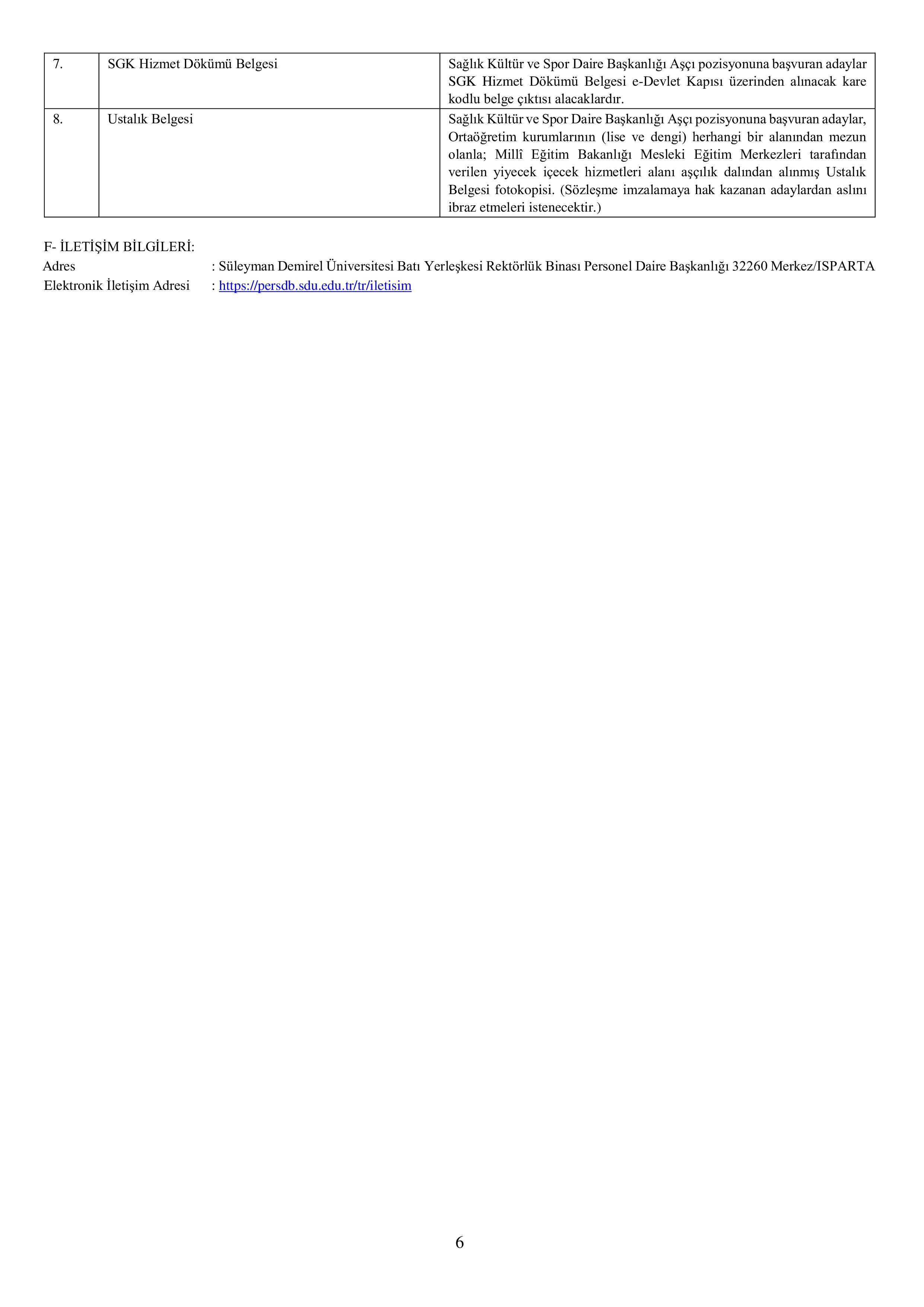 SÜLEYMAN DEMİREL ÜNİVERSİTESİ 68 SÖZLEŞMELİ PERSONEL ALACAK ( 19 Kasım - 3 Aralık) İlan İçeriği Sayfa 6