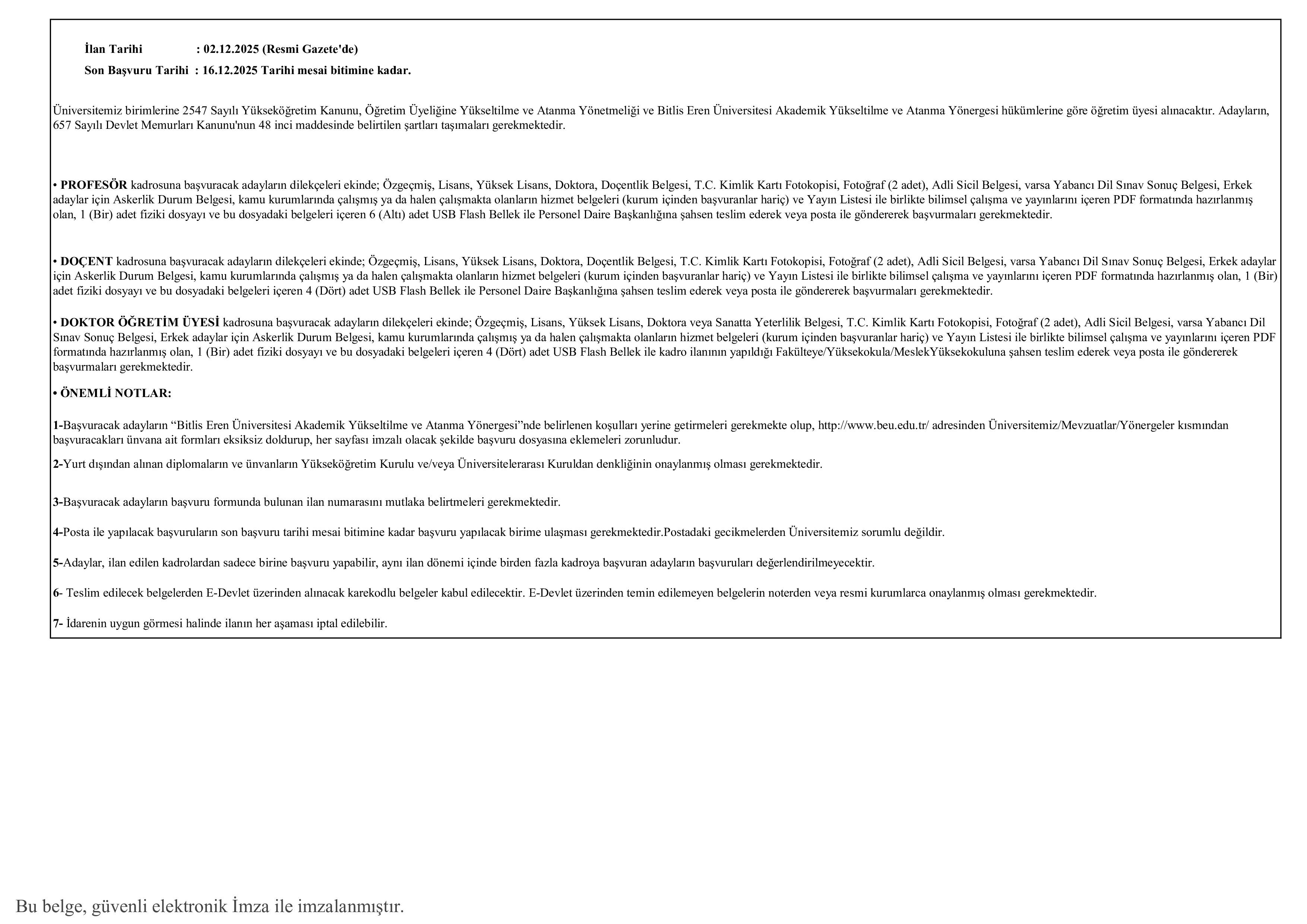 BİTLİS EREN ÜNİVERSİTESİ 17 ÖĞRETİM ÜYESİ ALACAK ( 2 Aralık - 16 Aralık) İlan İçeriği Sayfa 3