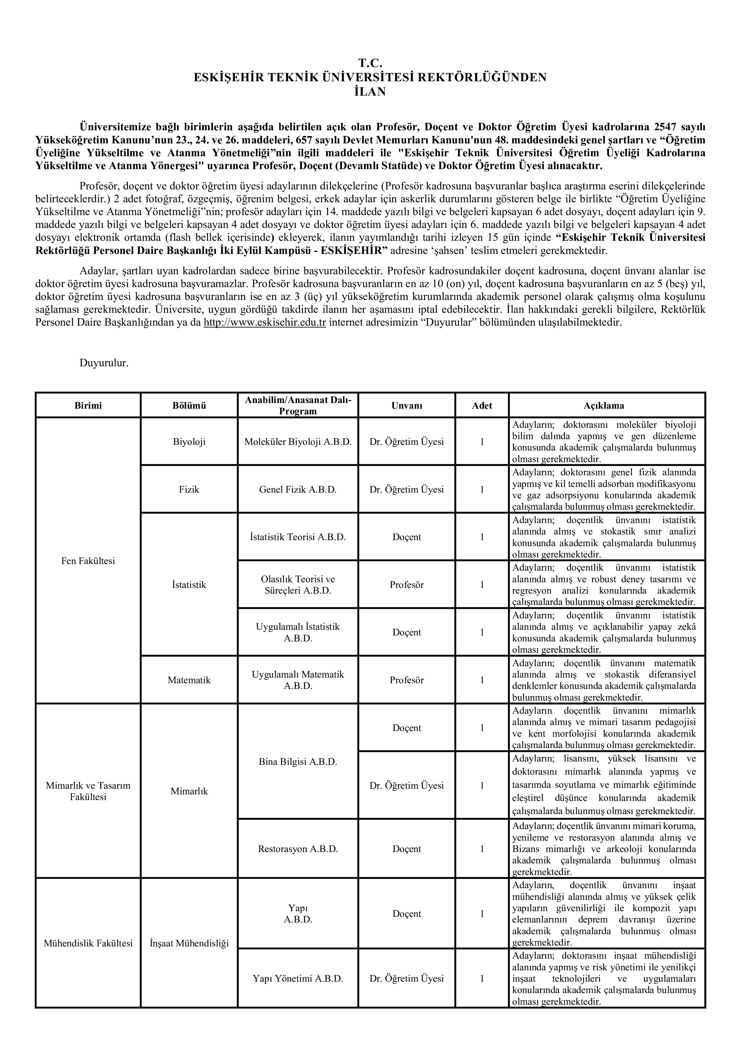 ESKİŞEHİR TEKNİK ÜNİVERSİTESİ 18 ADET ÖĞRETİM ÜYESİ ALIMI ( 2 Aralık - 16 Aralık) İlan İçeriği Sayfa 1