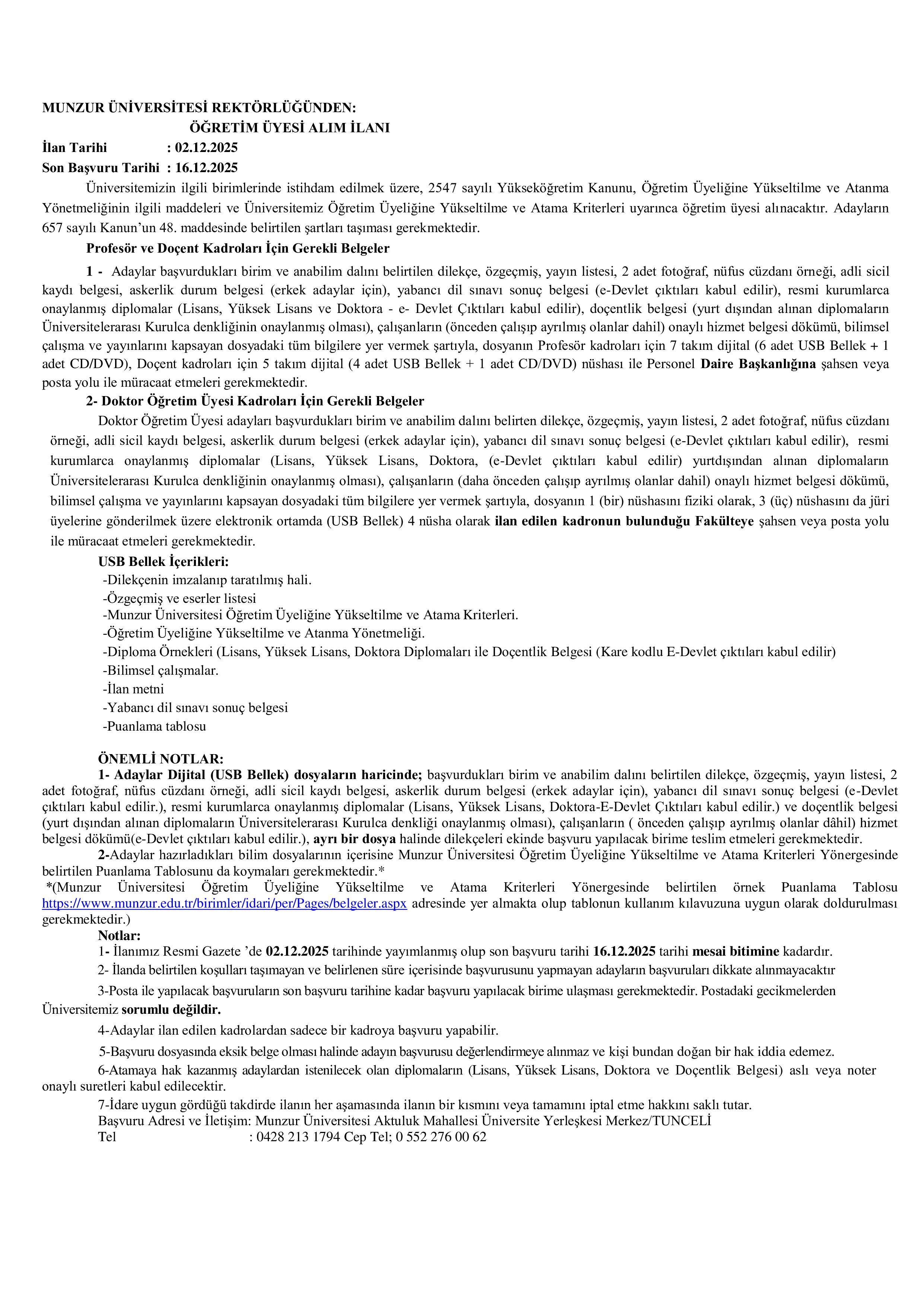 MUNZUR ÜNİVERSİTESİ 5 ÖĞRETİM ELEMANI ALACAK ( 2 Aralık - 16 Aralık) İlan İçeriği Sayfa 1