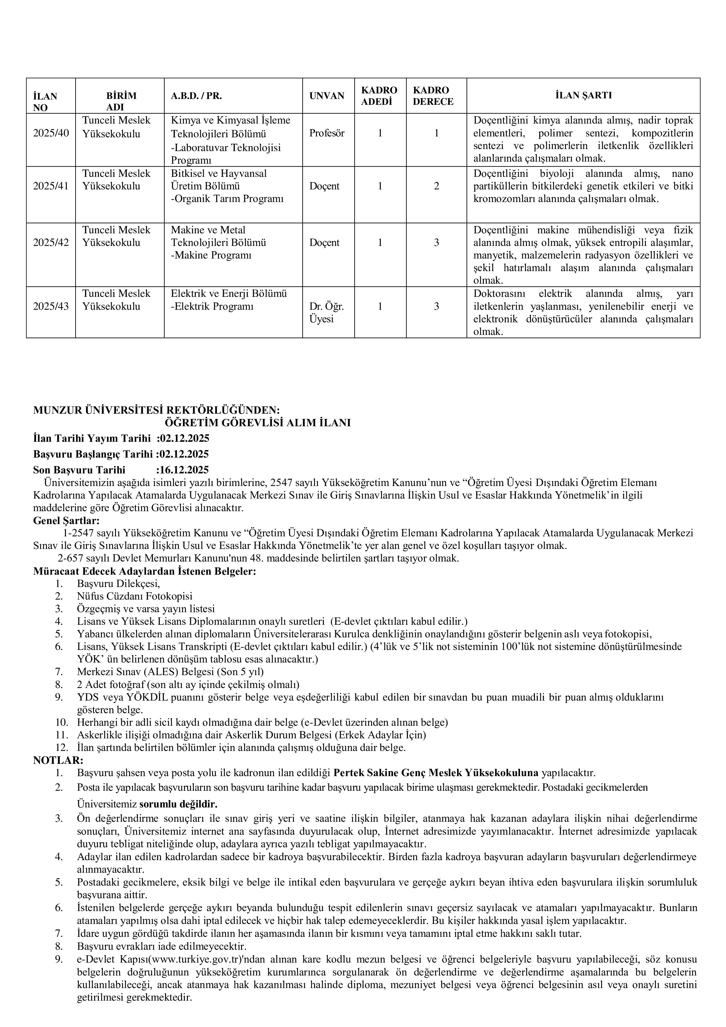 MUNZUR ÜNİVERSİTESİ 5 ÖĞRETİM ELEMANI ALACAK ( 2 Aralık - 16 Aralık) İlan İçeriği Sayfa 2
