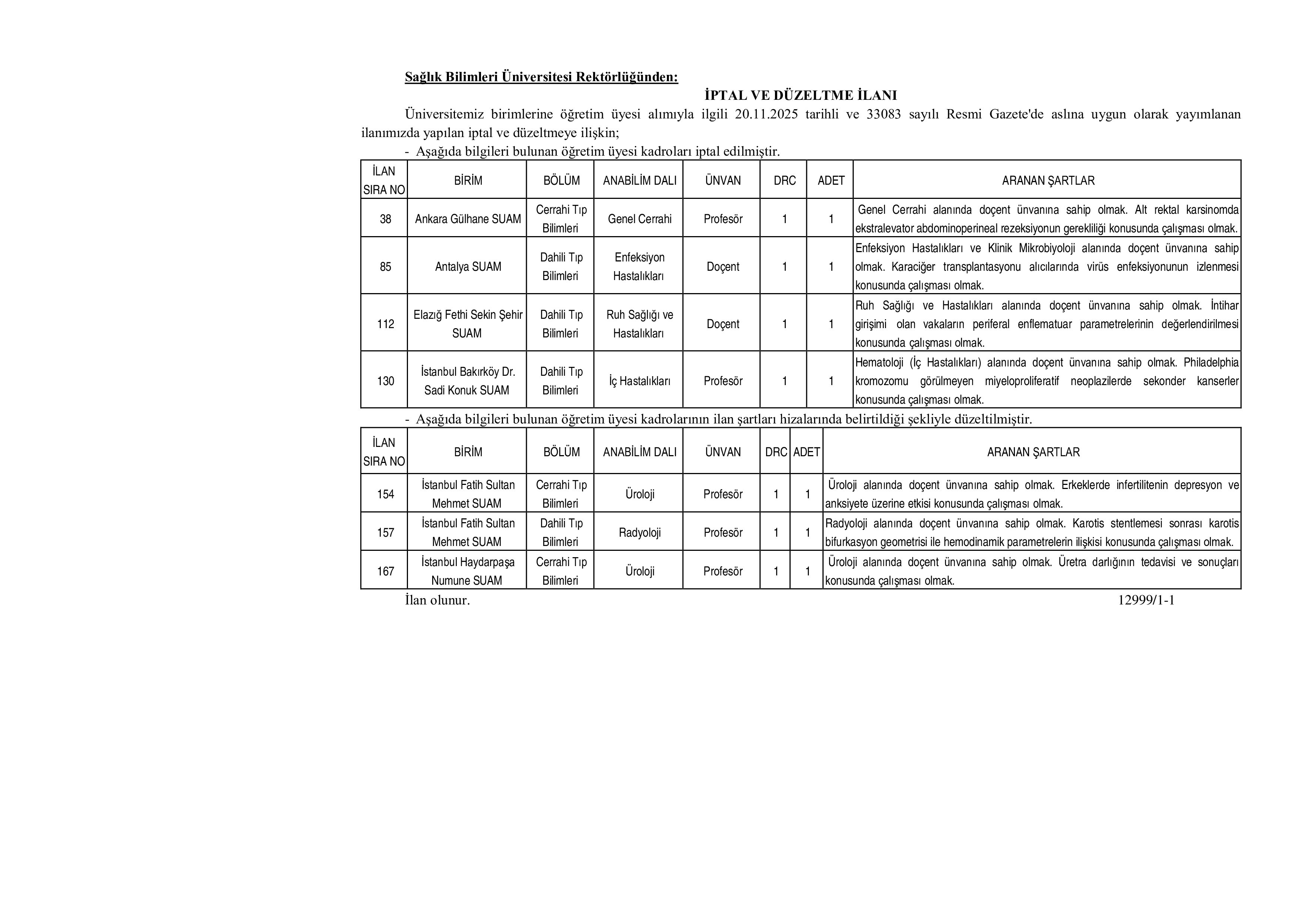 SAĞLIK BİLİMLERİ ÜNİVERSİTESİ SAĞLIK BİLİMLERİ ÜNİVERSİTESİ ÖĞRETİM ÜYESİ ALIMI DÜZELTME & İPTAL İLANI ( 2 Aralık - 4 Aralık) İlan İçeriği Sayfa 1