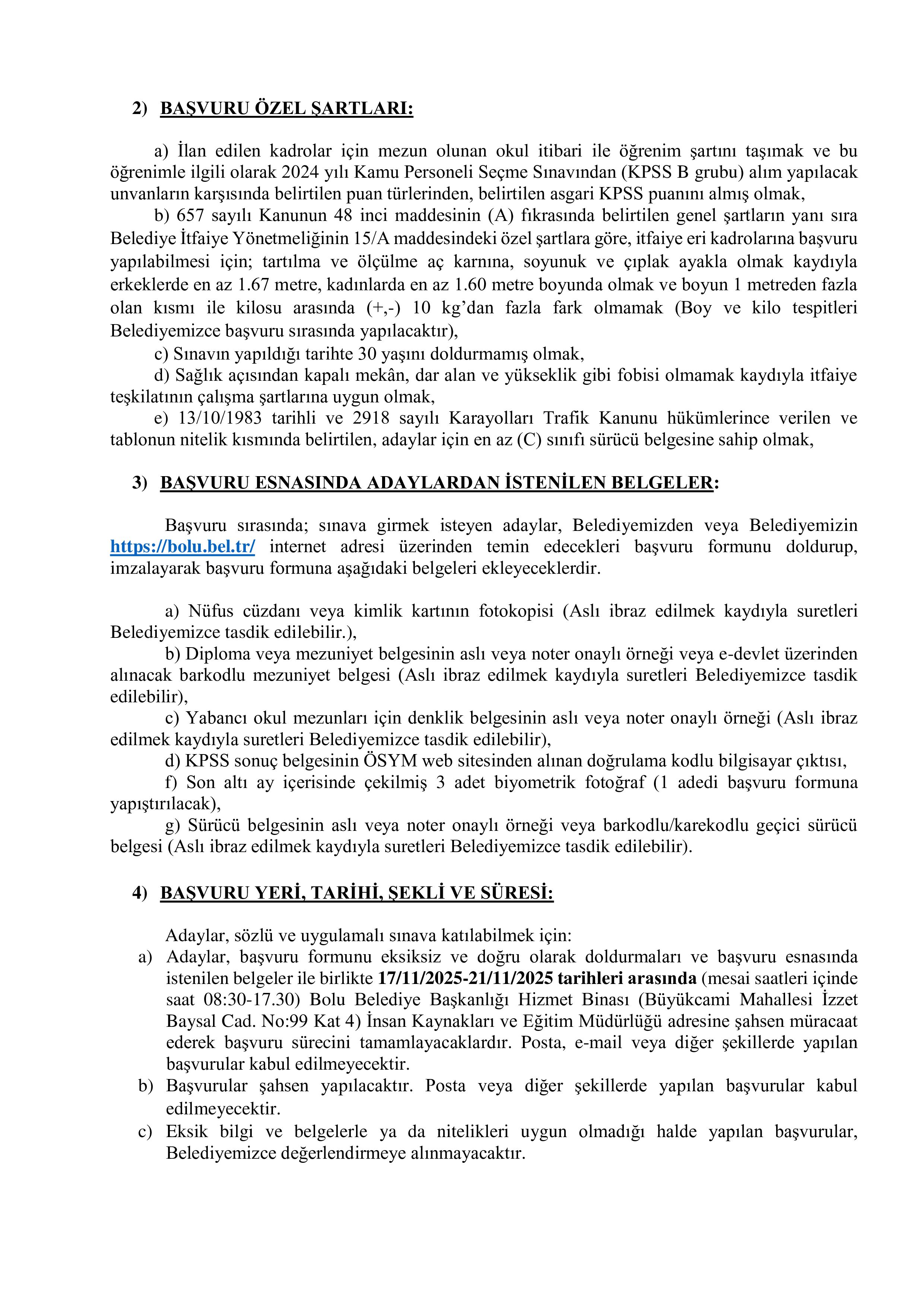 BOLU BELEDİYE BAŞKANLIĞI 3 İTFAİYE ERİ ALACAK ( 17 Kasım - 27 Kasım) İlan İçeriği Sayfa 2