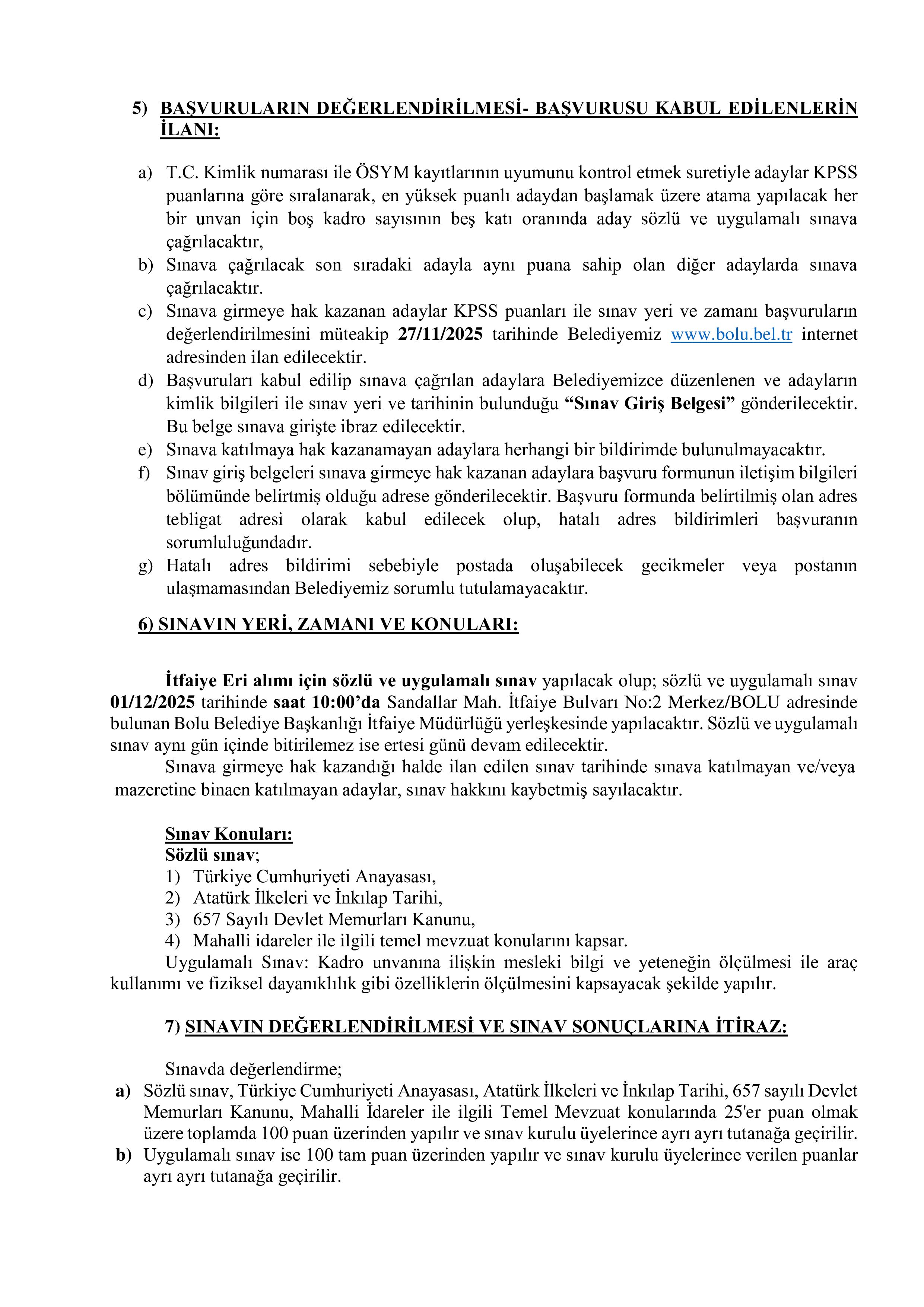 BOLU BELEDİYE BAŞKANLIĞI 3 İTFAİYE ERİ ALACAK ( 17 Kasım - 27 Kasım) İlan İçeriği Sayfa 3