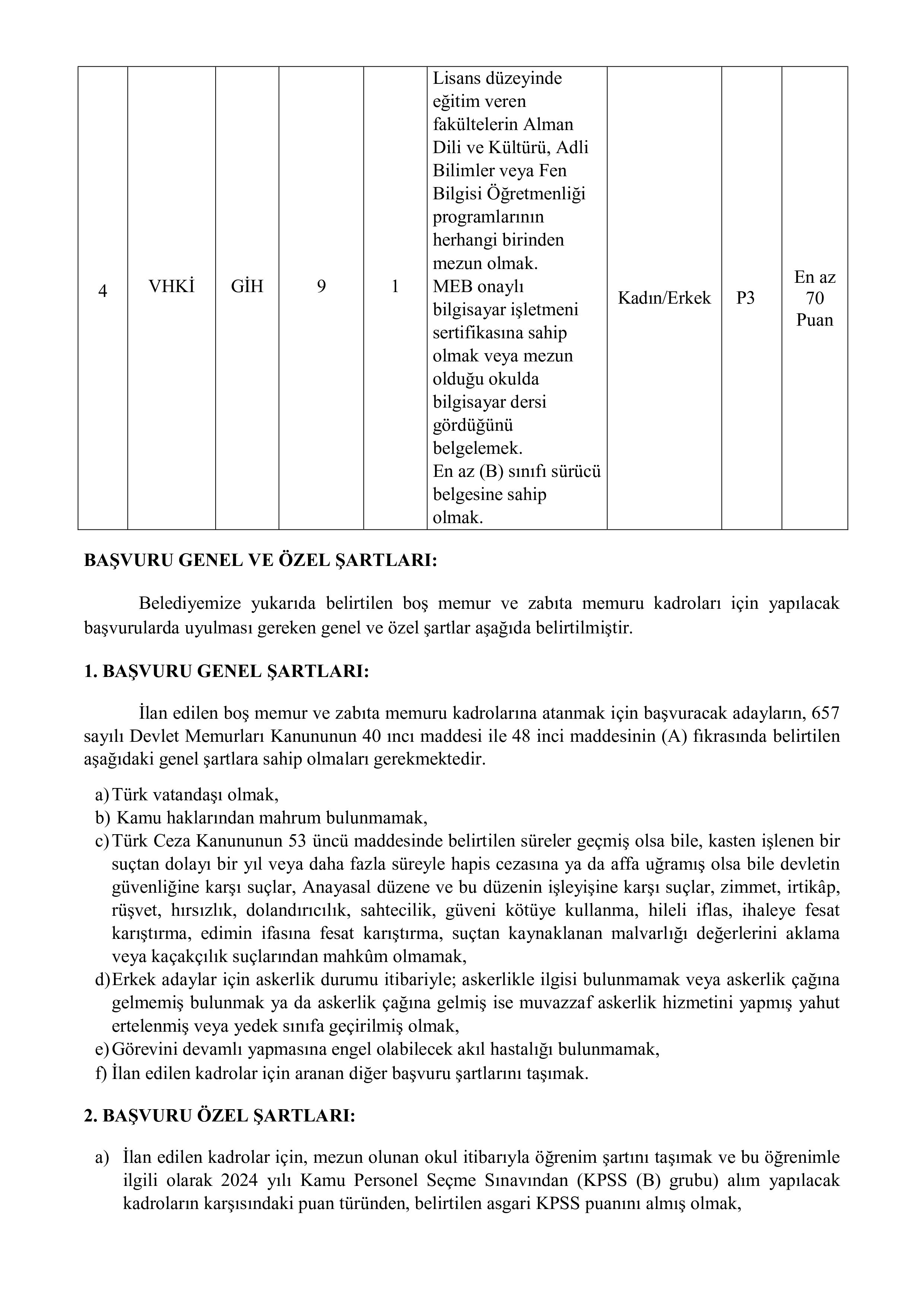 İlan İçeriği Sayfa 2 HINIS BELEDİYE BAŞKANLIĞI MEMUR VE ZABITA MEMURU ALIM İLANI ( 8 Nisan - 10 Nisan) İlan İçeriği Sayfa 2