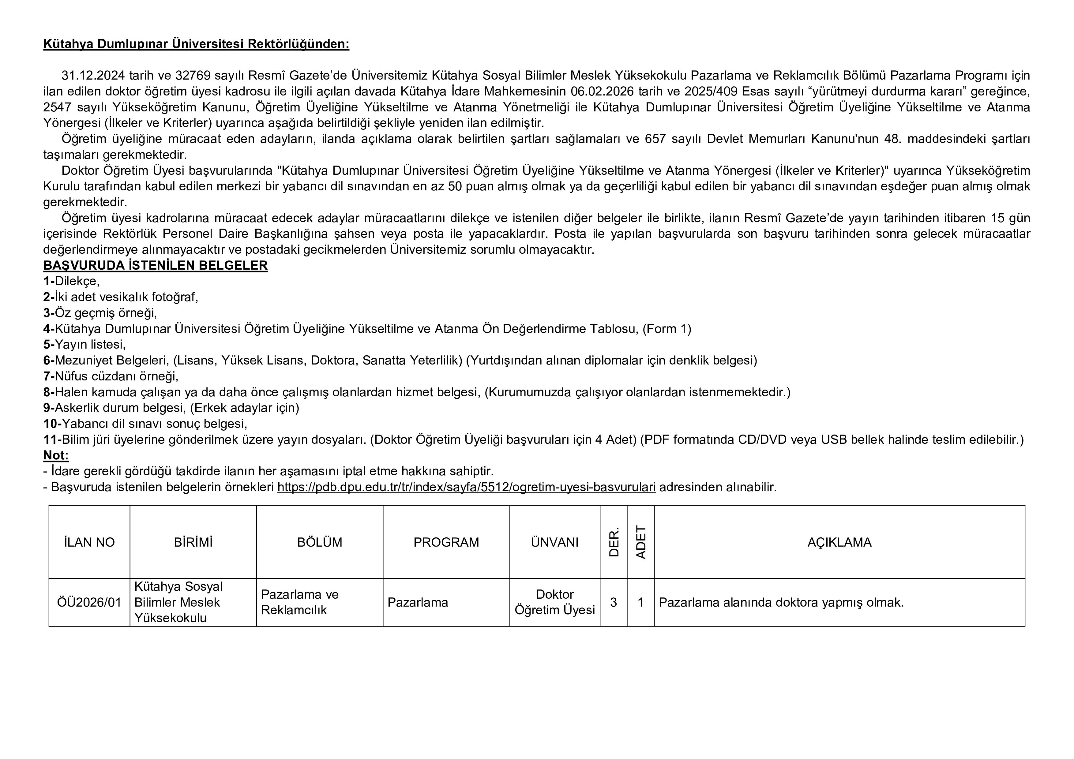 KÜTAHYA DUMLUPINAR ÜNİVERSİTESİ 1 ÖĞRETİM ÜYESİ ALACAK ( 2 Nisan - 16 Nisan) İlan İçeriği Sayfa 1