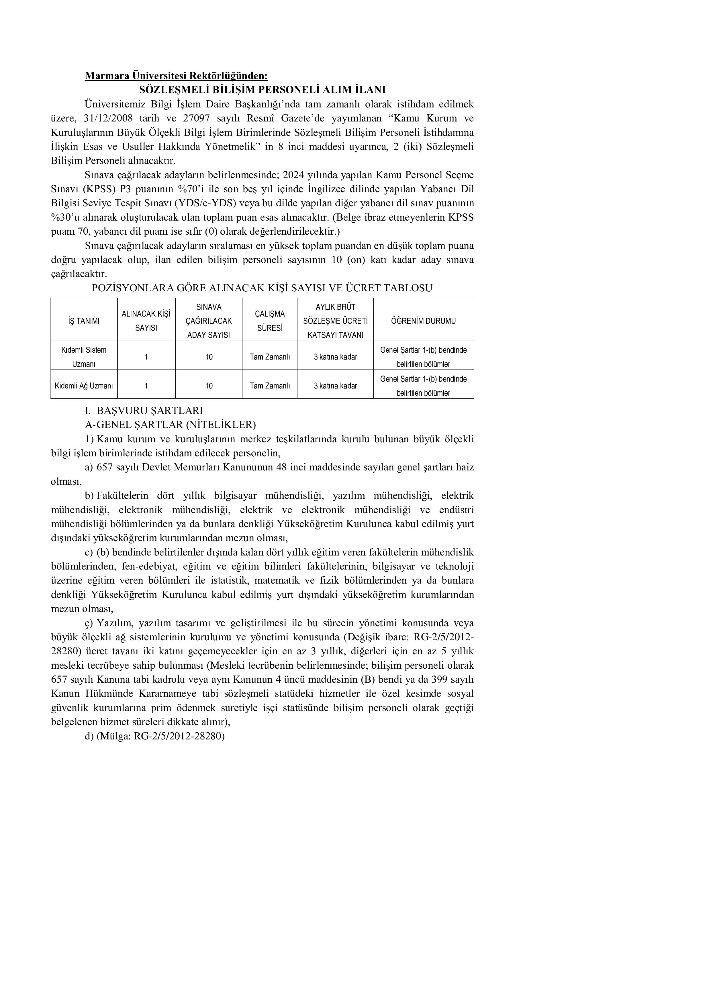 MARMARA ÜNİVERSİTESİ 2  SÖZLEŞMELİ BİLİŞİM PERSONELİ ALACAK ( 2 Şubat - 16 Şubat) İlan İçeriği Sayfa 1