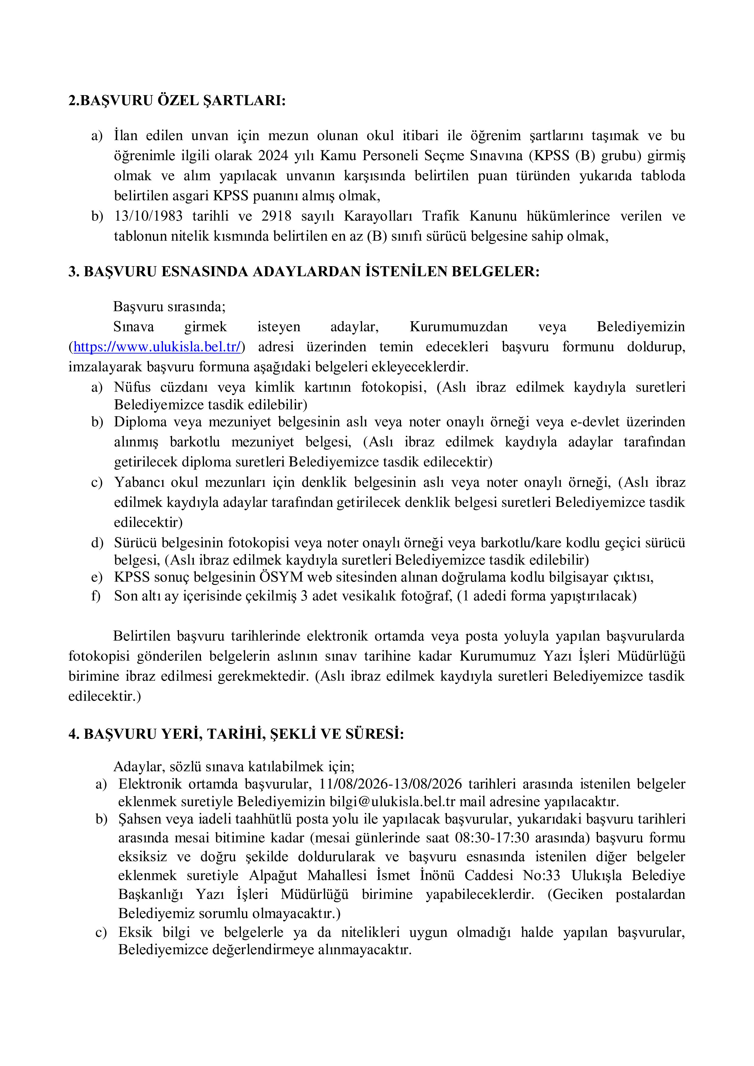 ULUKIŞLA (ULUKIŞLA) BELEDİYE BAŞKANLIĞI 1 MEMUR (TAHSİLDAR)ALACAK ( 11 Ağustos - 13 Ağustos) İlan İçeriği Sayfa 2