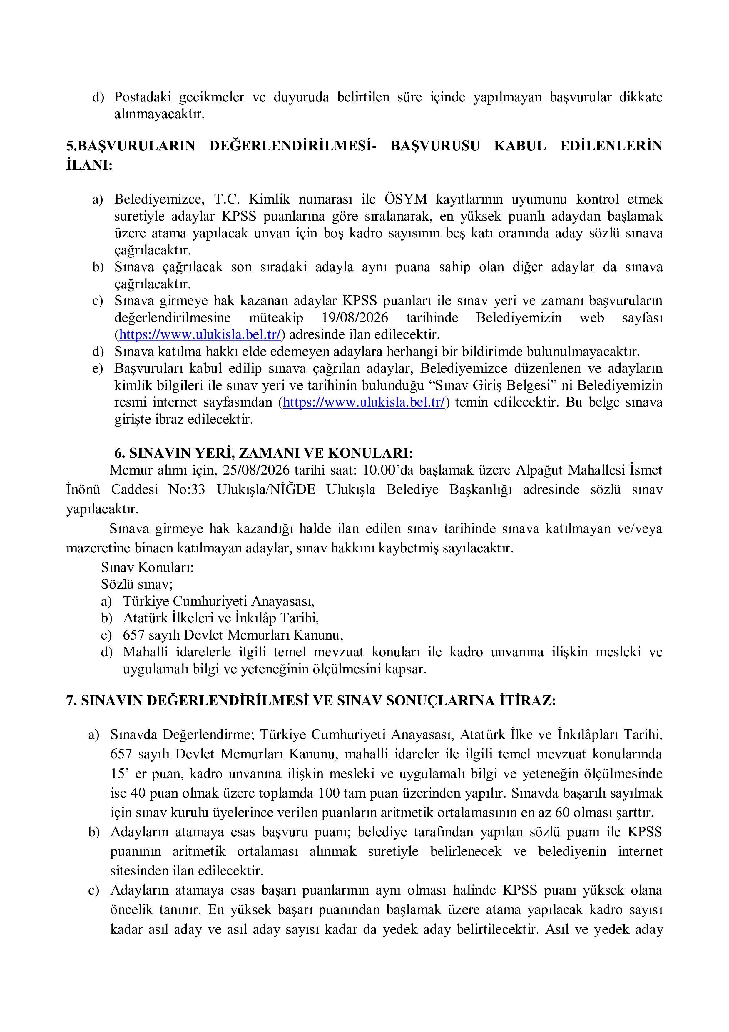 ULUKIŞLA (ULUKIŞLA) BELEDİYE BAŞKANLIĞI 1 MEMUR (TAHSİLDAR)ALACAK ( 11 Ağustos - 13 Ağustos) İlan İçeriği Sayfa 3
