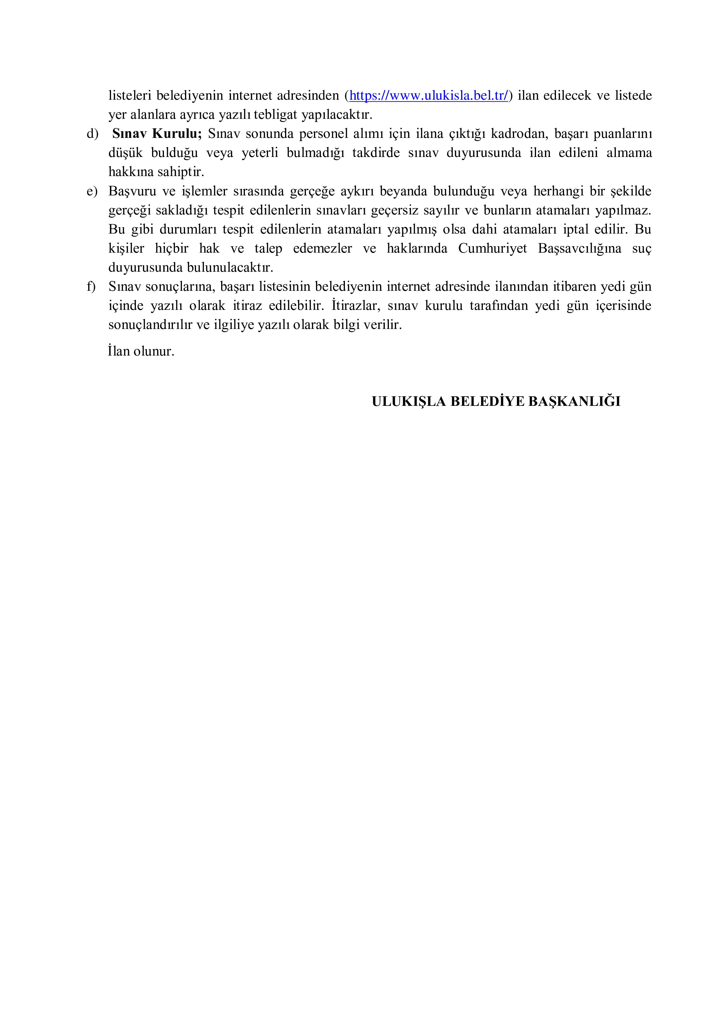 ULUKIŞLA (ULUKIŞLA) BELEDİYE BAŞKANLIĞI 1 MEMUR (TAHSİLDAR)ALACAK ( 11 Ağustos - 13 Ağustos) İlan İçeriği Sayfa 4