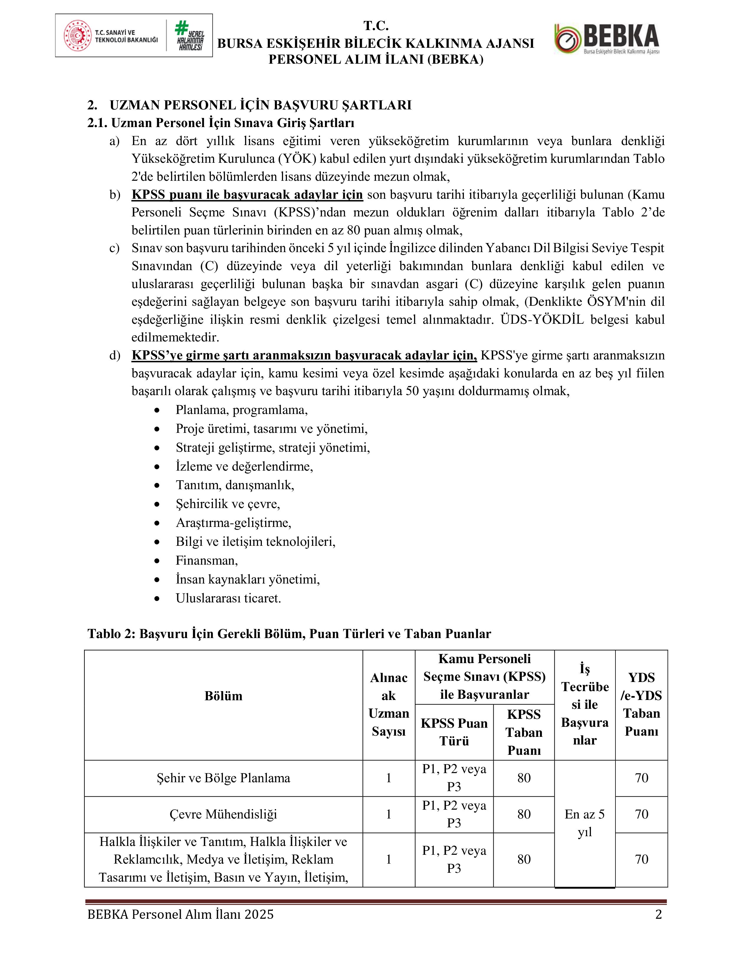BURSA-ESKİŞEHİR-BİLECİK KALKINMA AJANSI 5 UZMAN PERSONEL ALACAK ( 12 Kasım - 25 Kasım) İlan İçeriği Sayfa 2