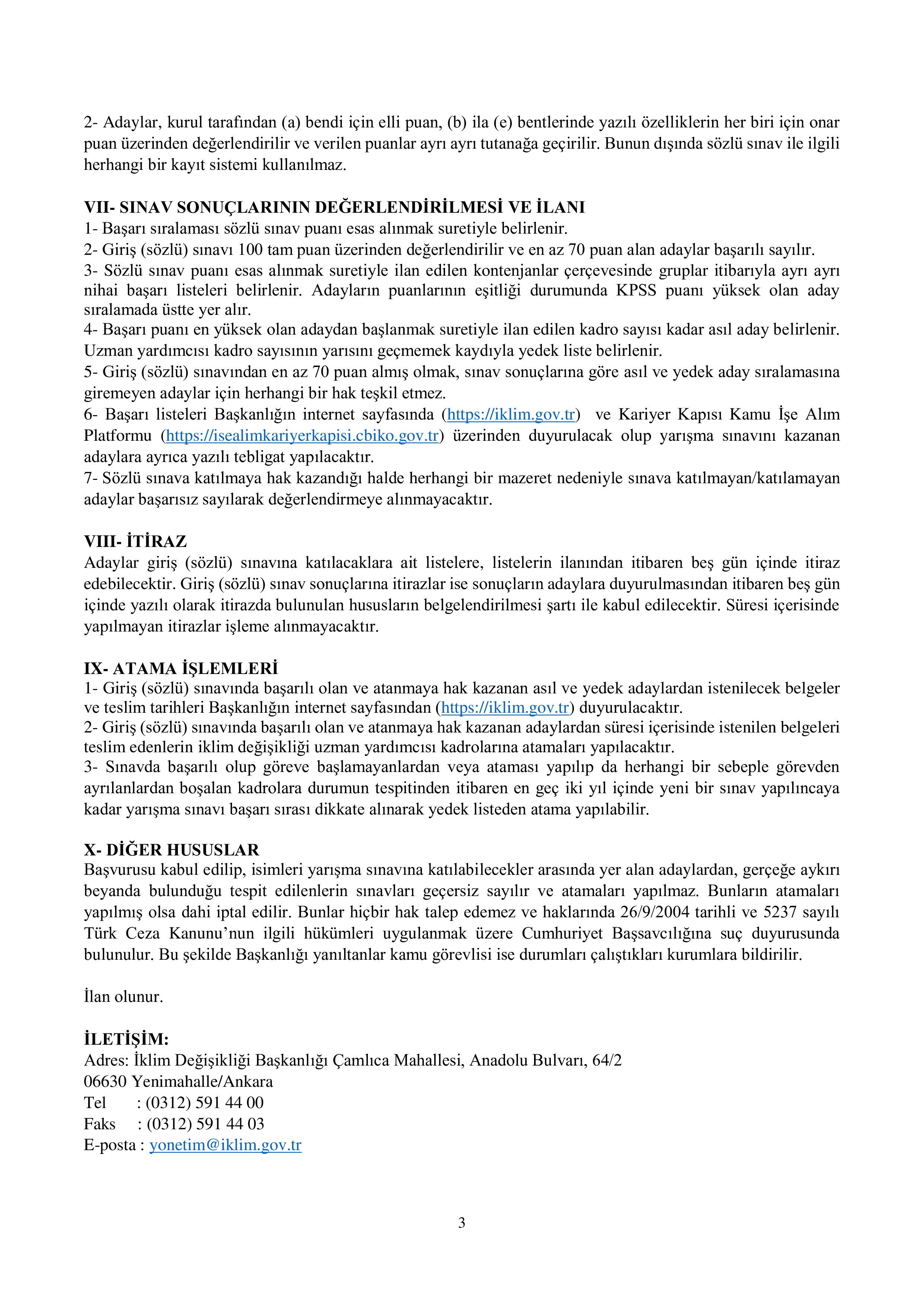 İKLİM DEĞİŞİKLİĞİ BAŞKANLIĞI 16 İKLİM DEĞİŞİKLİĞİ UZMAN YARDIMCISI ALACAK ( 20 Kasım - 4 Aralık) İlan İçeriği Sayfa 3