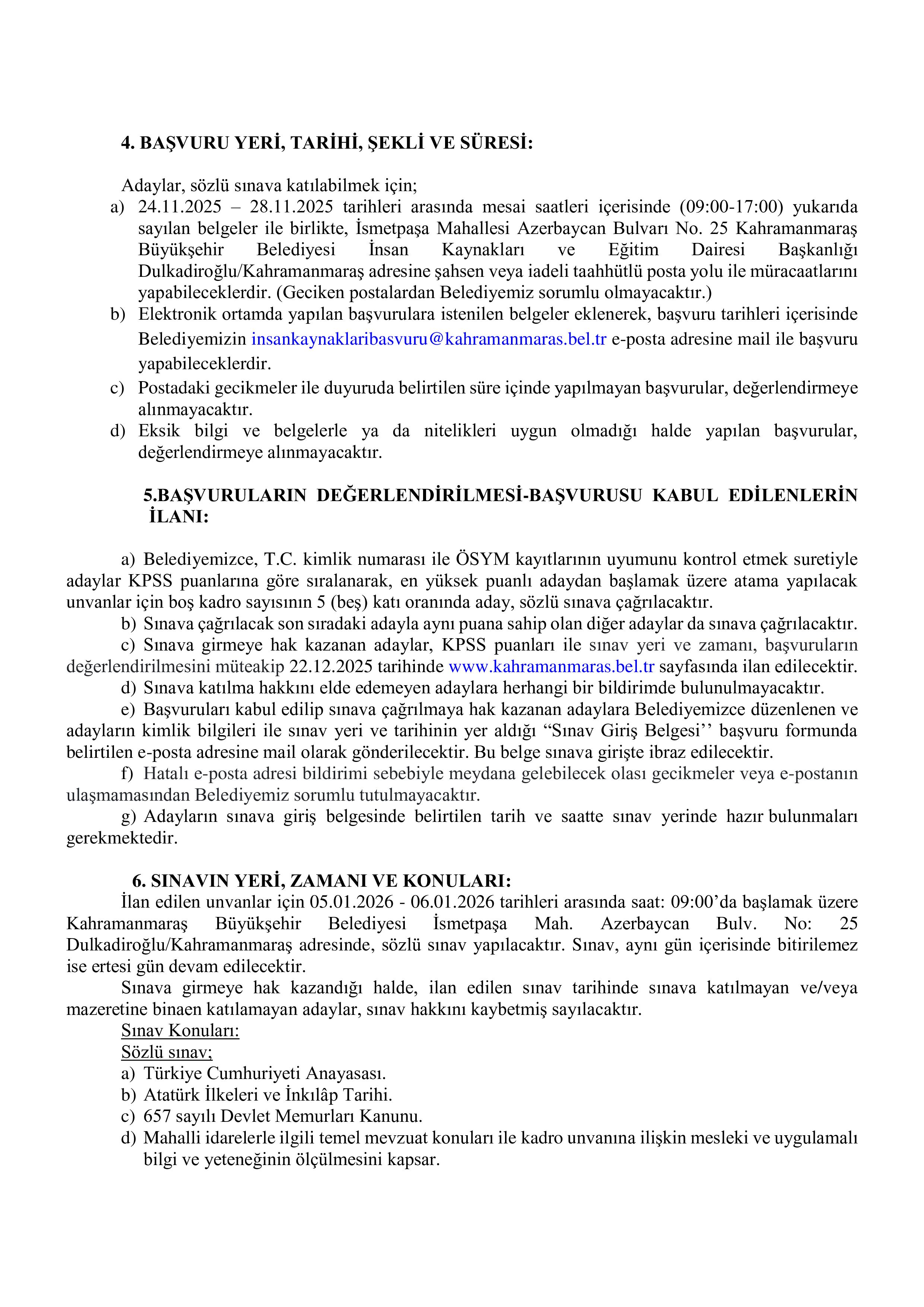 KAHRAMANMARAŞ BÜYÜKŞEHİR BELEDİYE BAŞKANLIĞI 13 MEMUR ALACAK ( 24 Kasım - 28 Kasım) İlan İçeriği Sayfa 3