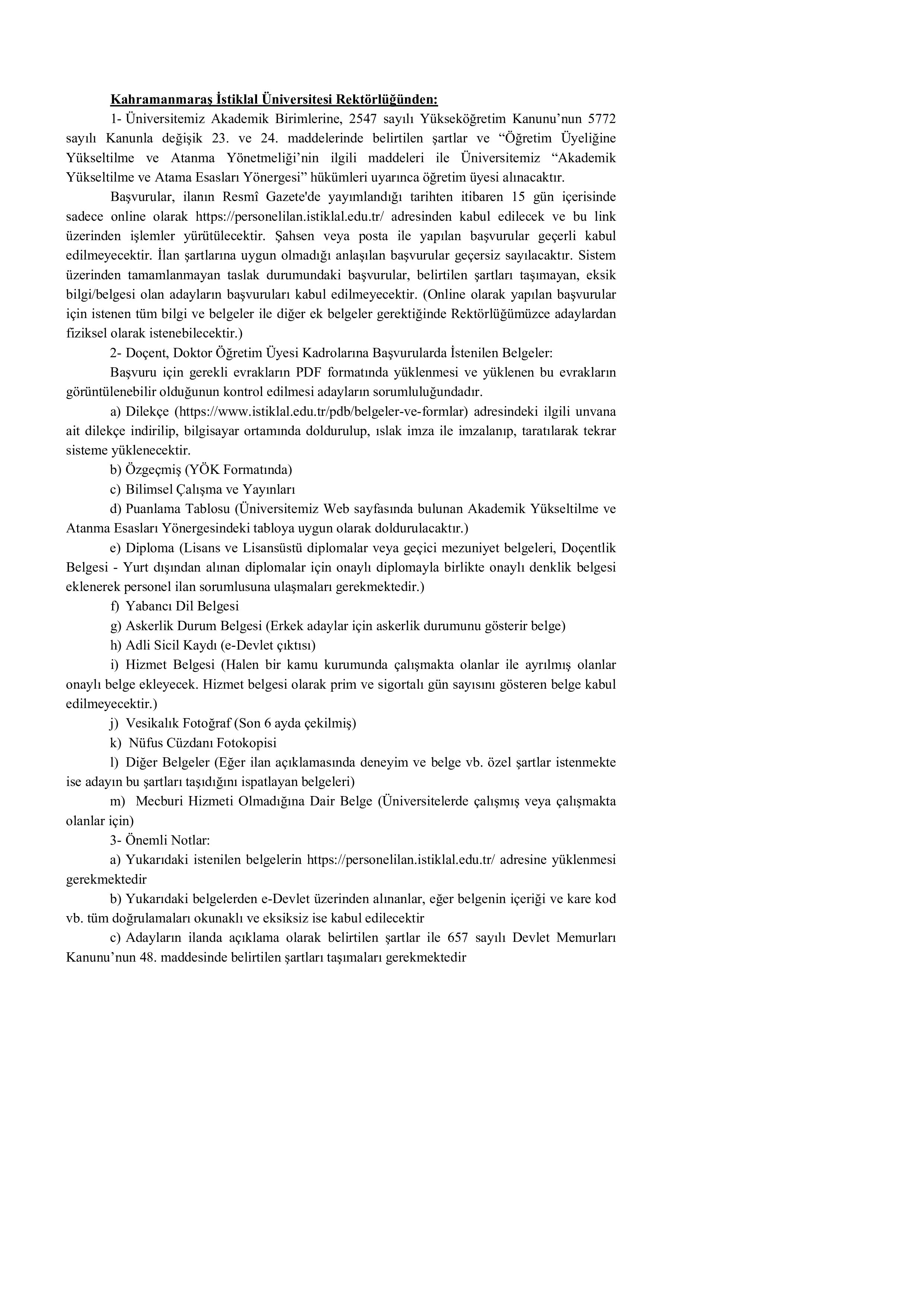KAHRAMANMARAŞ İSTİKLAL ÜNİVERSİTESİ 14 ÖĞRETİM ÜYESİ ALACAK ( 20 Ekim - 3 Kasım) İlan İçeriği Sayfa 1