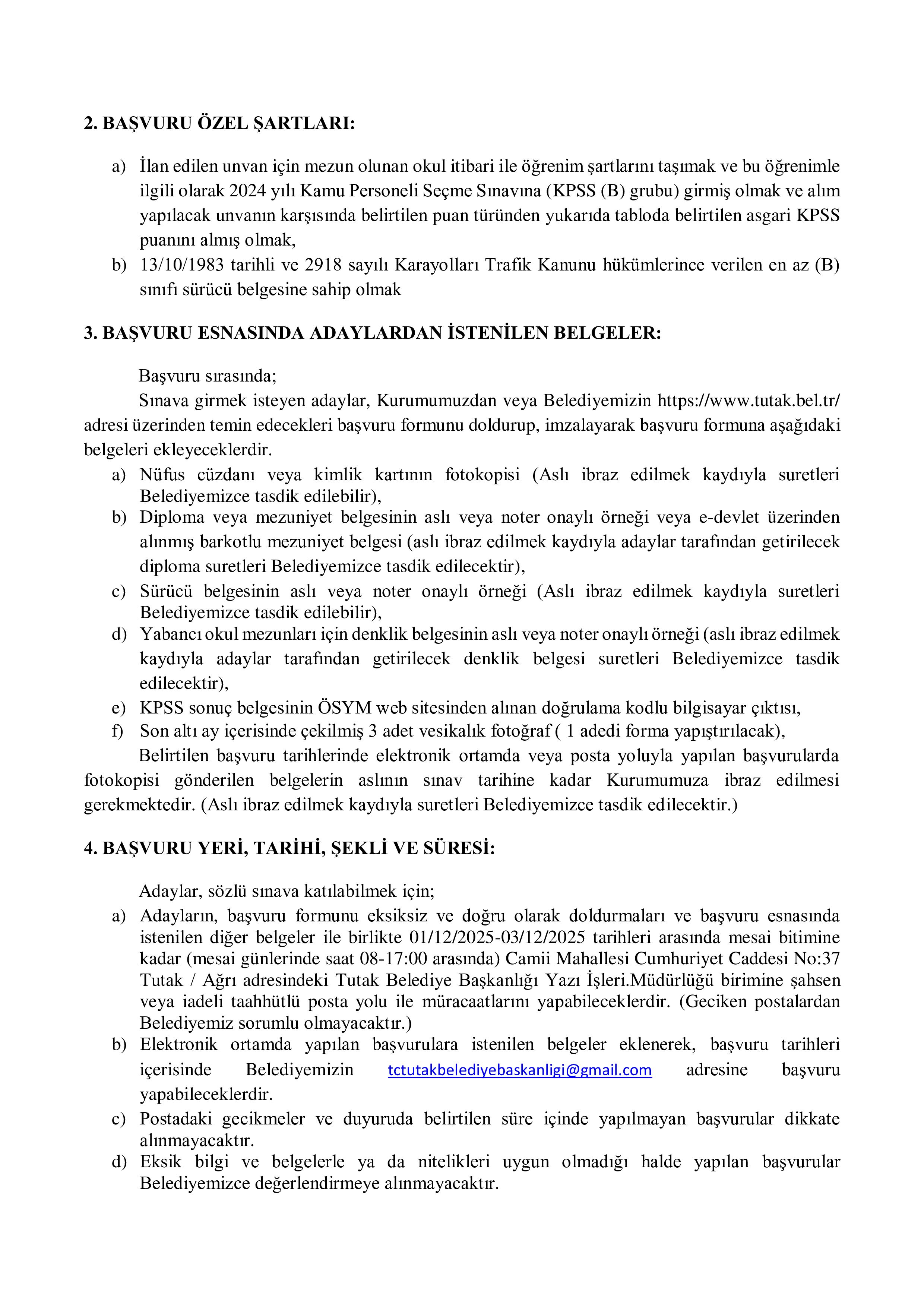 TUTAK BELEDİYE BAŞKANLIĞI 1 MEMUR ALACAK ( 1 Aralık - 3 Aralık) İlan İçeriği Sayfa 2
