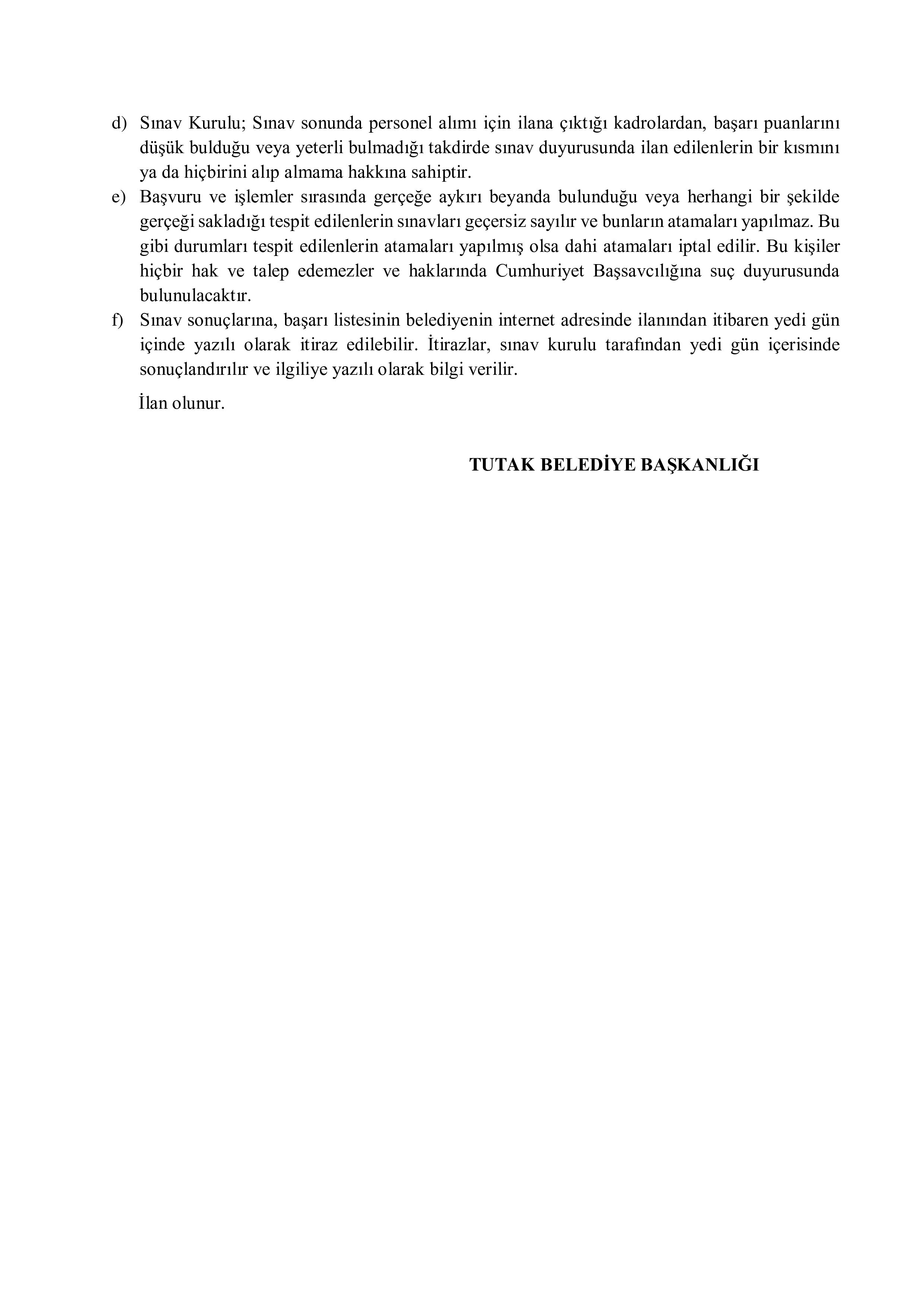TUTAK BELEDİYE BAŞKANLIĞI 1 MEMUR ALACAK ( 1 Aralık - 3 Aralık) İlan İçeriği Sayfa 4
