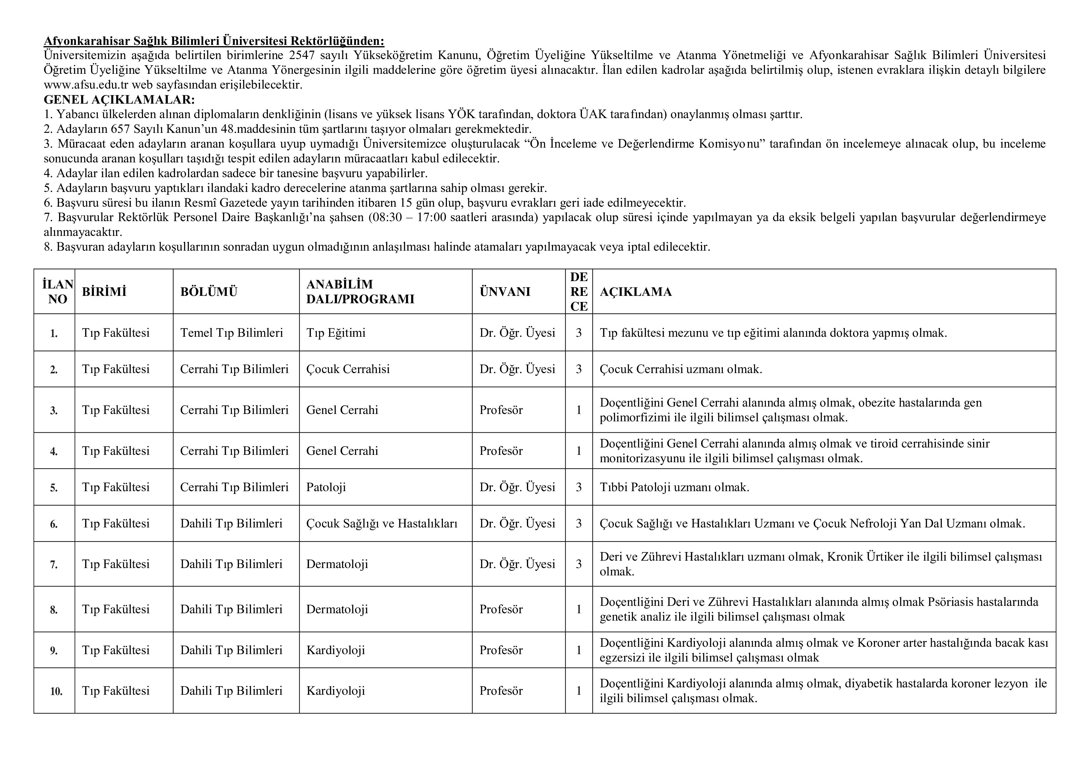 AFYONKARAHİSAR SAĞLIK BİLİMLERİ ÜNİVERSİTESİ 19 ÖĞRETİM ÜYESİ ALACAK ( 20 Kasım - 4 Aralık) İlan İçeriği Sayfa 1