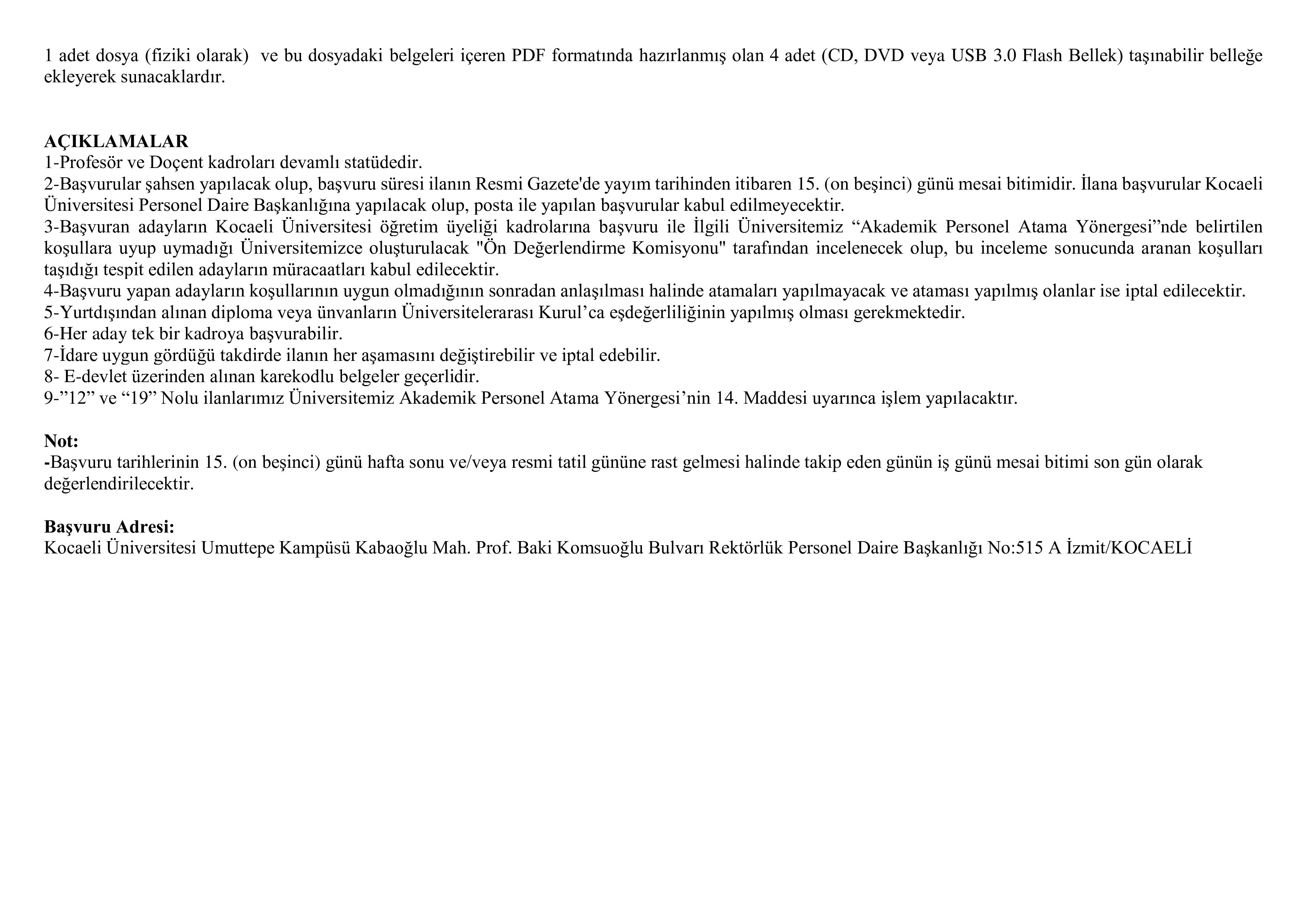 İlan İçeriği Sayfa 2 KOCAELİ ÜNİVERSİTESİ 35 ÖĞRETİM ÜYESİ ALACAK ( 20 Kasım - 4 Aralık) İlan İçeriği Sayfa 2