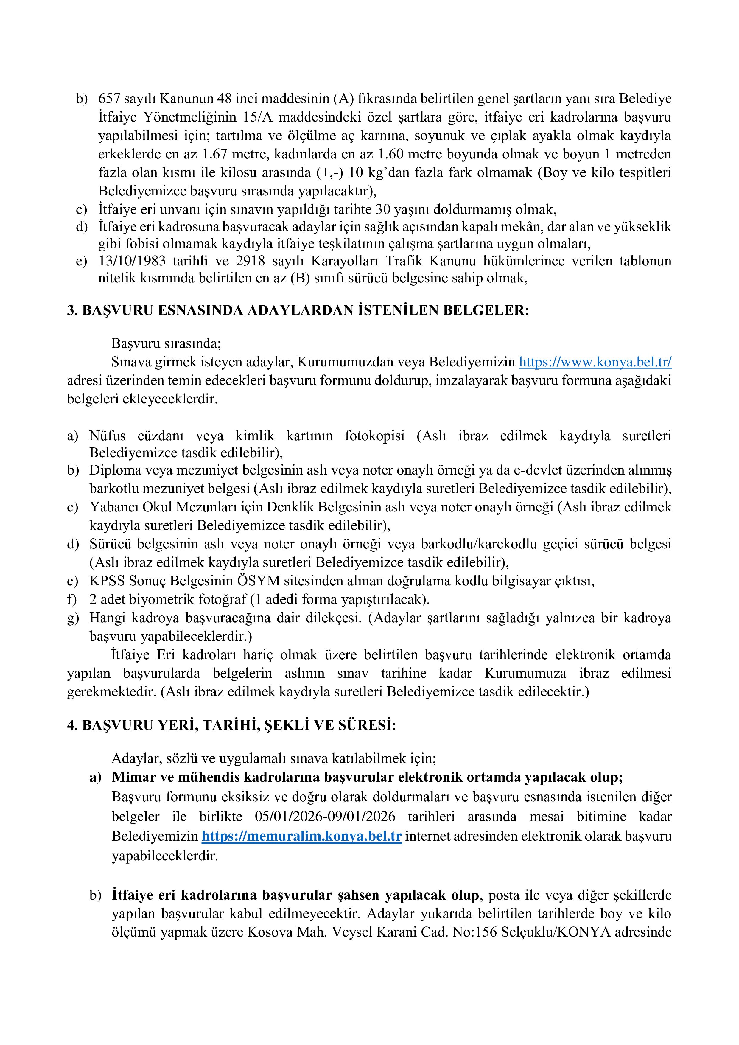 KONYA BÜYÜKŞEHİR BELEDİYE BAŞKANLIĞI 94 MEMUR ALACAK ( 5 Ocak - 9 Ocak) İlan İçeriği Sayfa 3