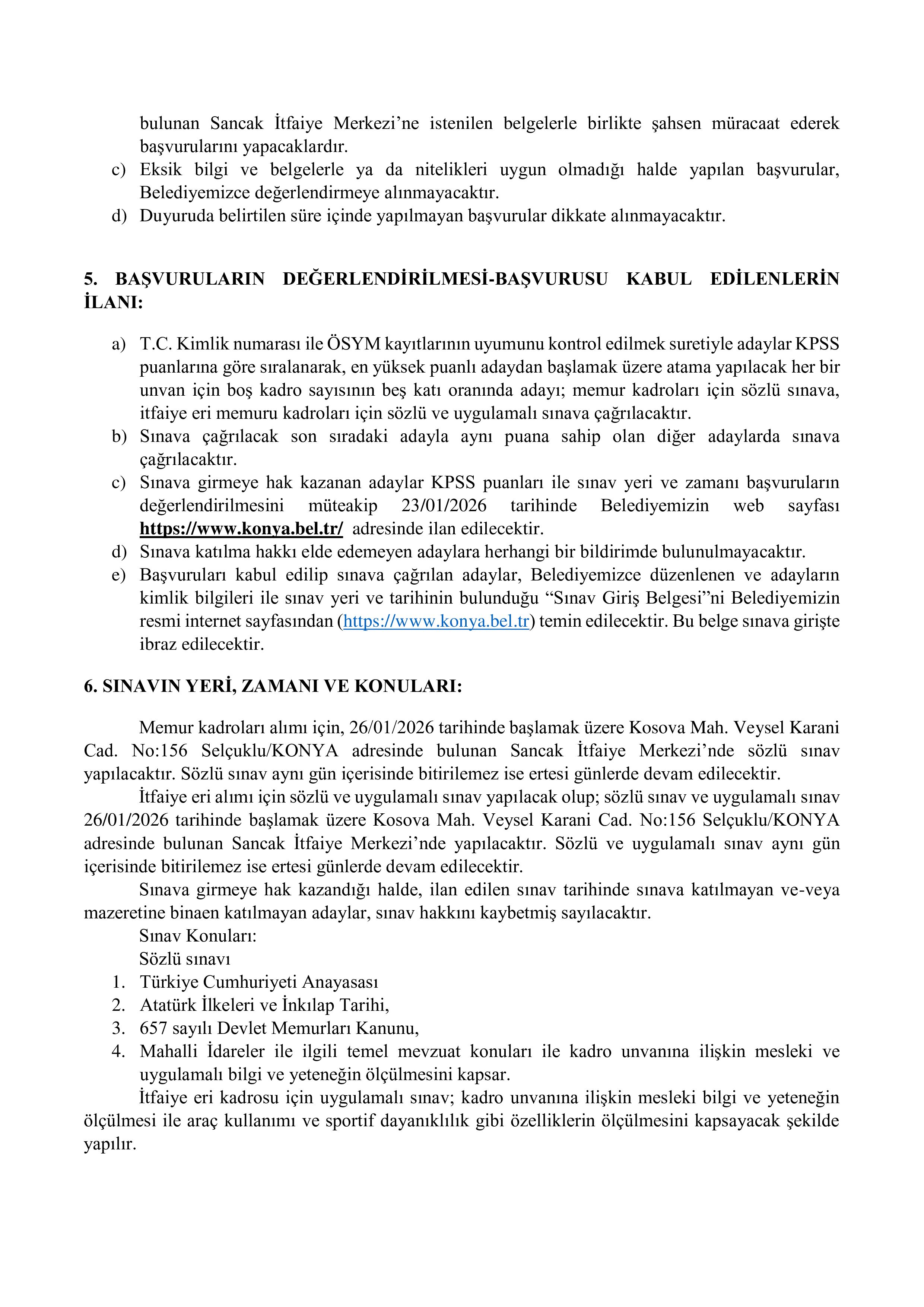 KONYA BÜYÜKŞEHİR BELEDİYE BAŞKANLIĞI 94 MEMUR ALACAK ( 5 Ocak - 9 Ocak) İlan İçeriği Sayfa 4