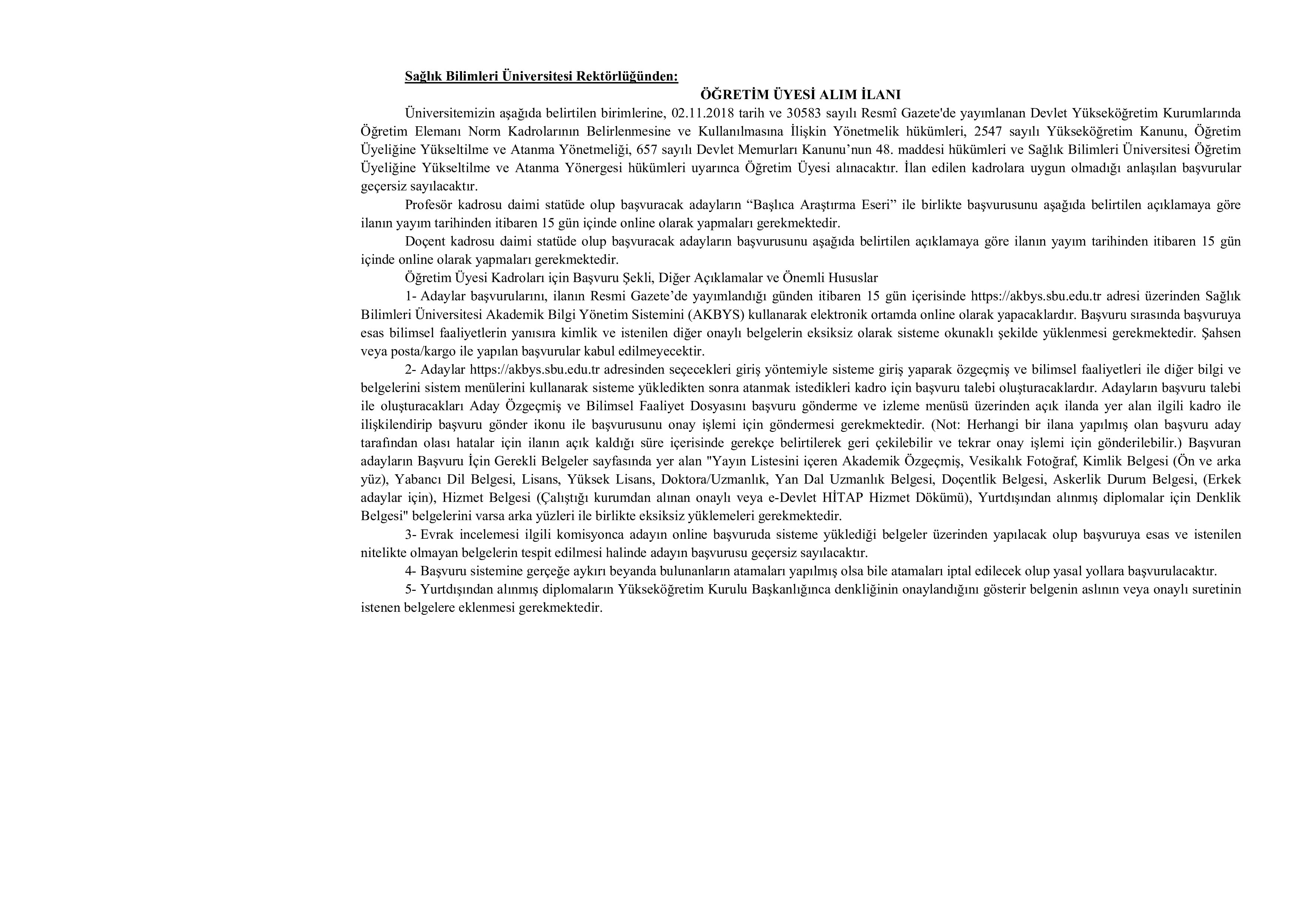 SAĞLIK BİLİMLERİ ÜNİVERSİTESİ 276 ÖĞRETİM ÜYESİ ALACAK ( 20 Kasım - 4 Aralık) İlan İçeriği Sayfa 1