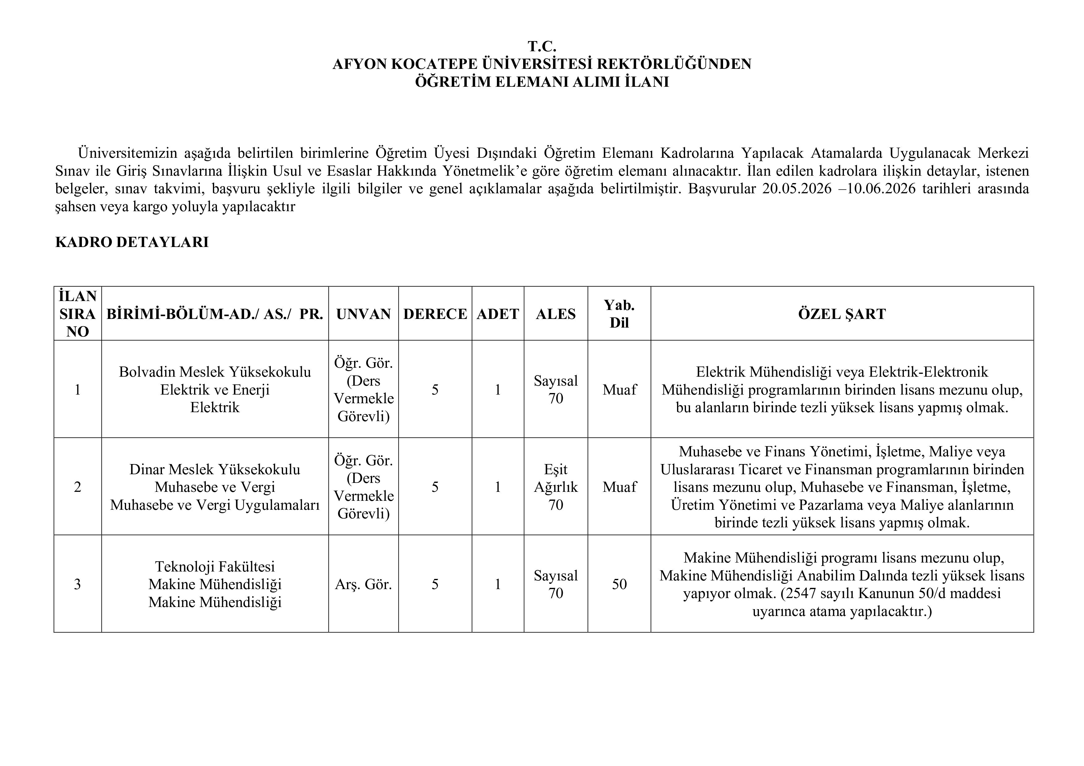 İlan İçeriği Sayfa 1 AFYON KOCATEPE ÜNİVERSİTESİ 33 ÖĞRETİM ÜYESİ ALACAK ( 20 Mayıs - 10 Haziran) İlan İçeriği Sayfa 1