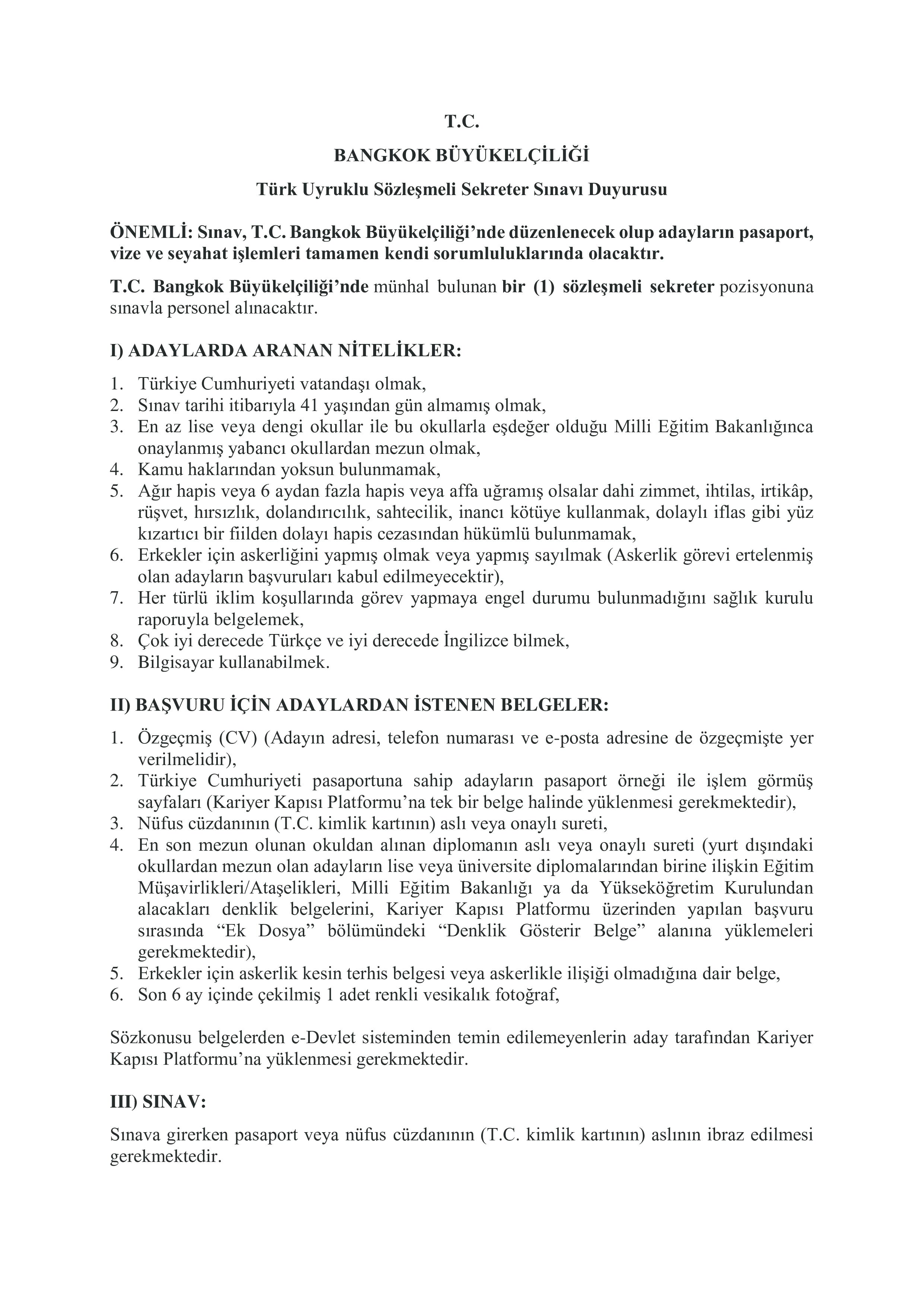 İlan İçeriği Sayfa 1 DIŞİŞLERİ BAKANLIĞI 1 SÖZLEŞMELİ SEKRETER ALACAK ( 20 Mayıs - 7 Haziran) İlan İçeriği Sayfa 1