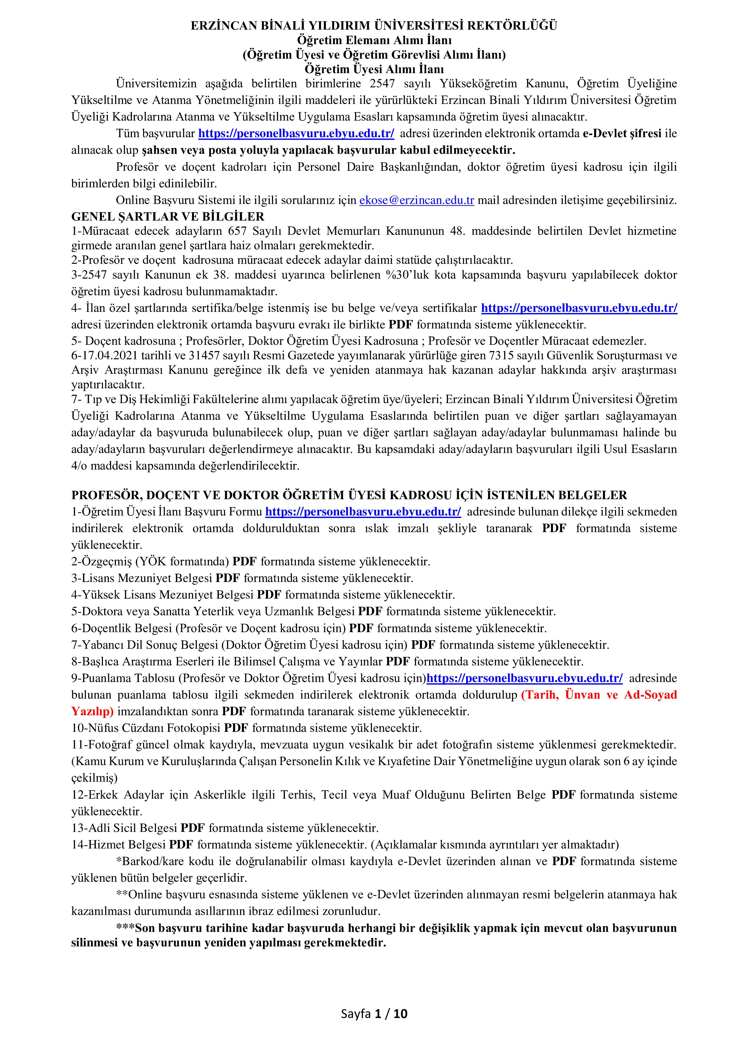 İlan İçeriği Sayfa 1 ERZİNCAN BİNALİ YILDIRIM ÜNİVERSİTESİ 56 ÖĞRETİM ELEMANI ALACAK ( 20 Mayıs - 3 Haziran) İlan İçeriği Sayfa 1