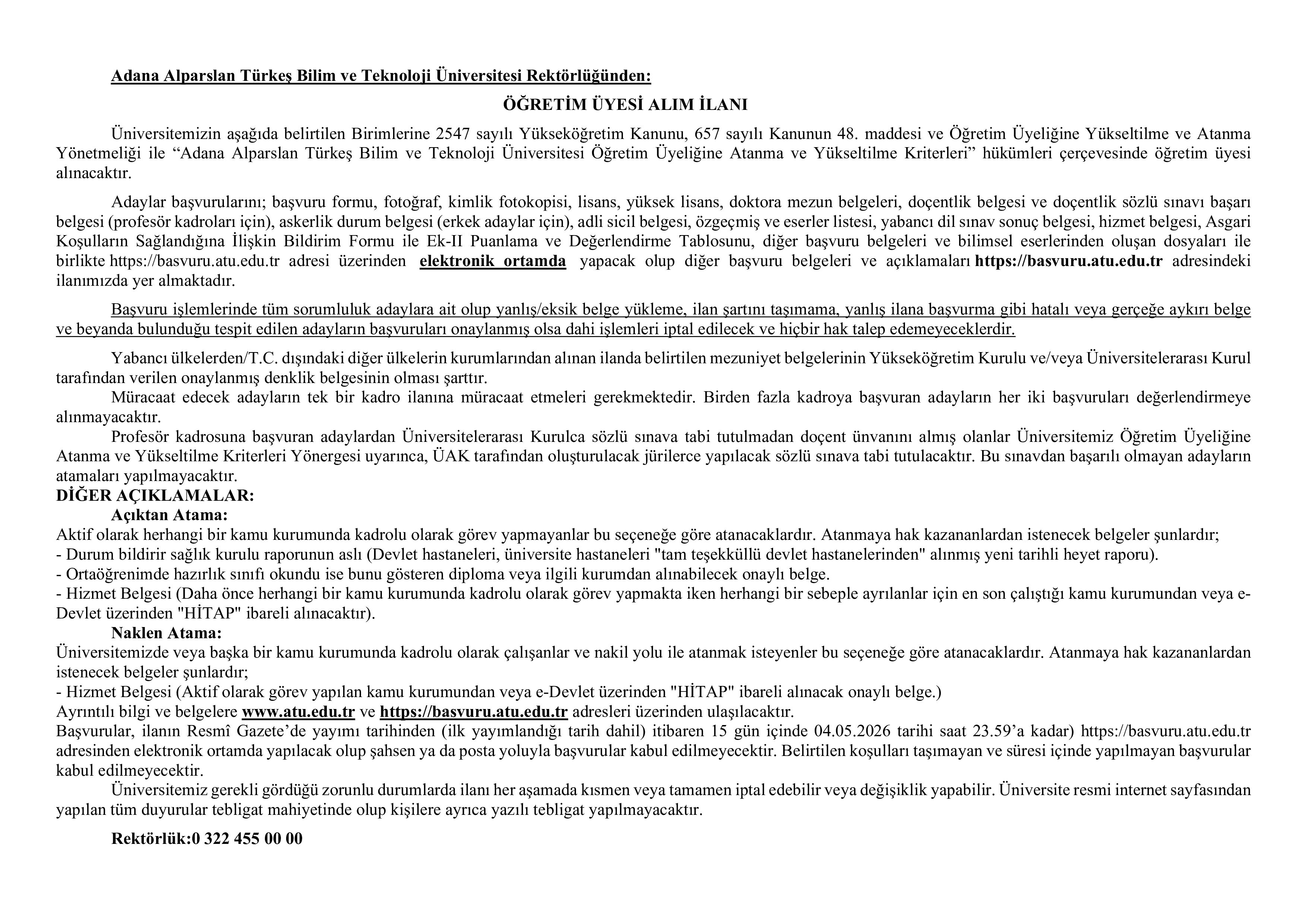 ADANA ALPARSLAN TÜRKEŞ BİLİM VE TEKNOLOJİ ÜNİVERSİTESİ 2 ÖĞRETİM ÜYESİ ALACAK ( 20 Nisan - 4 Mayıs) İlan İçeriği Sayfa 1