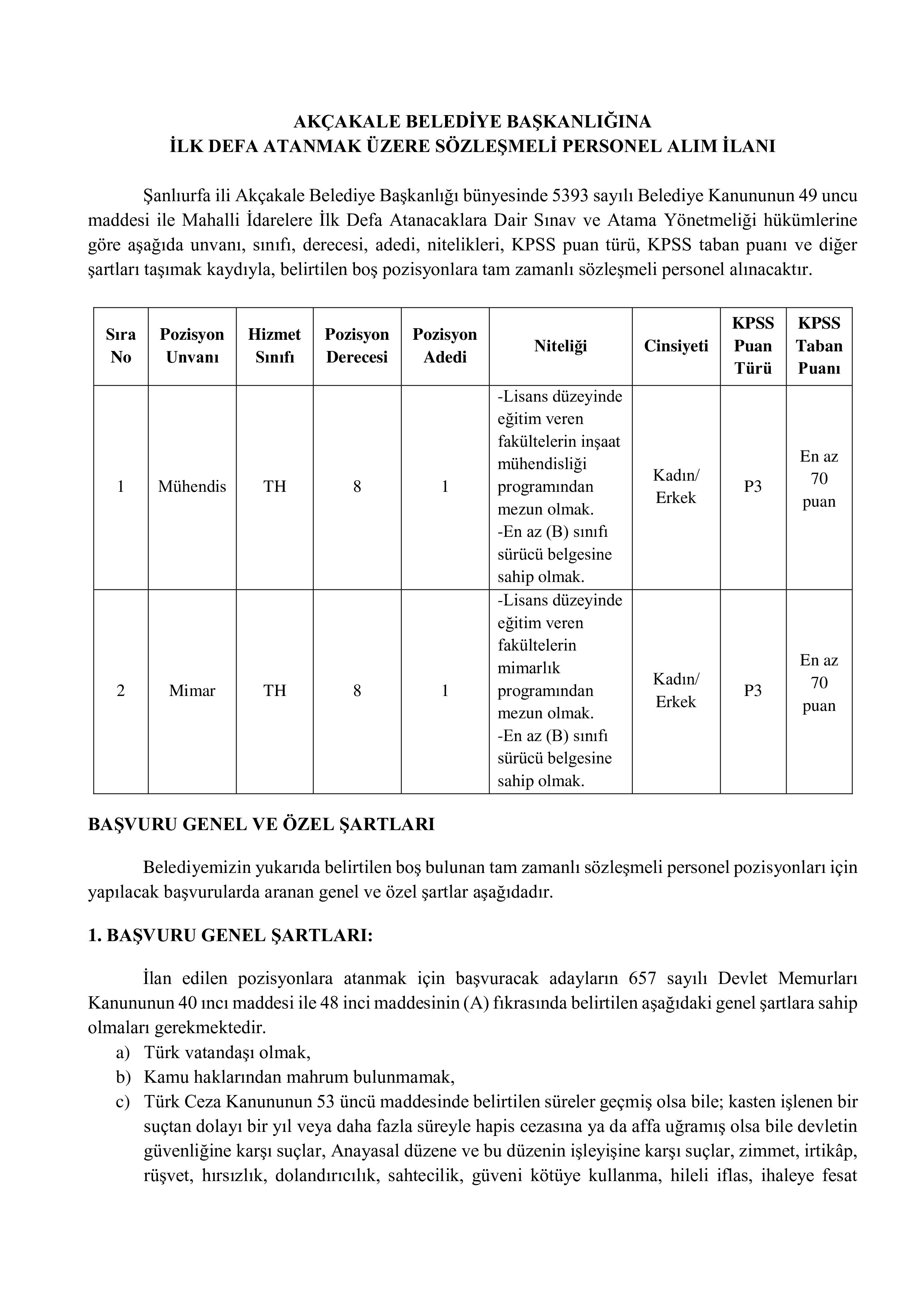 AKÇAKALE (ŞANLIURFA) BELEDİYE BAŞKANLIĞI 2 SÖZLEŞMELİ PERSONEL ALACAK ( 1 Haziran - 5 Haziran) İlan İçeriği Sayfa 1