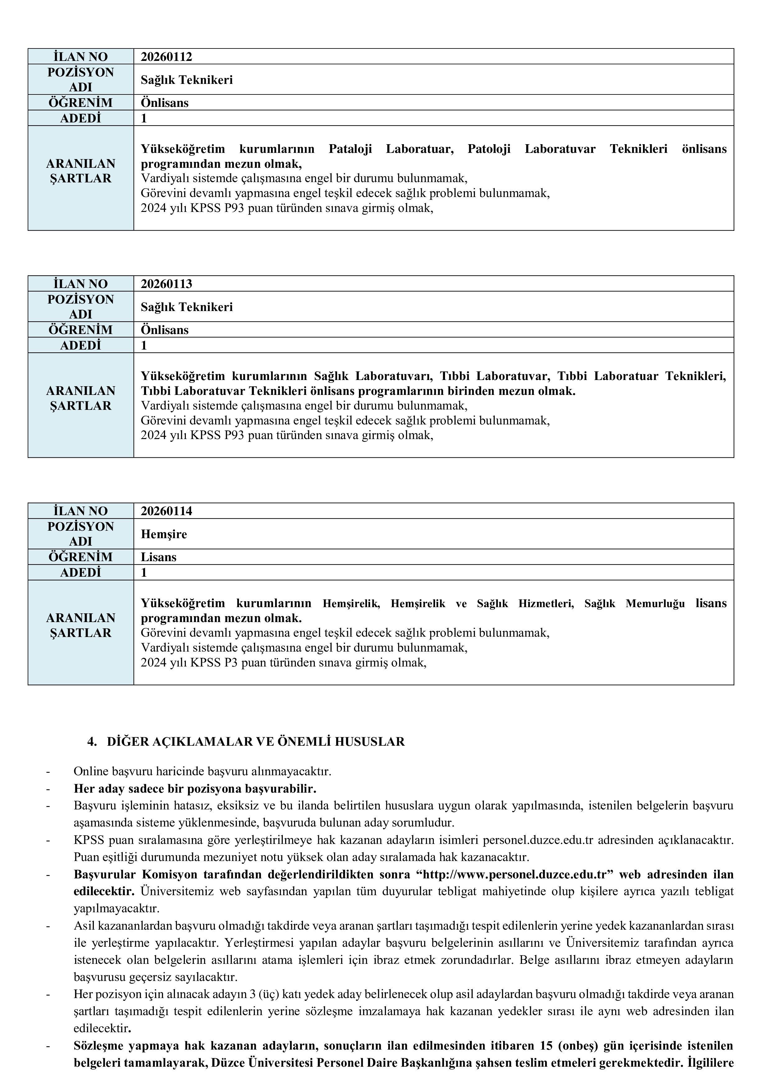 DÜZCE ÜNİVERSİTESİ 24 SÖZLEŞMELİ PERSONEL ALACAK ( 20 Nisan - 20 Nisan) İlan İçeriği Sayfa 6
