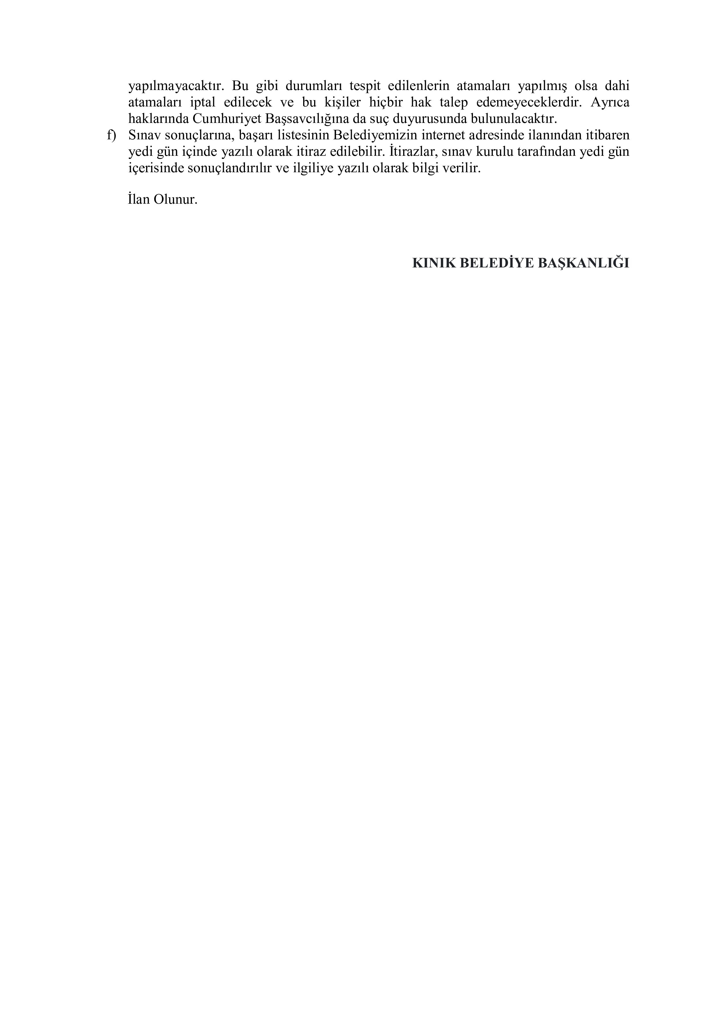 KINIK (İZMİR) BELEDİYE BAŞKANLIĞI 3 SÖZLEŞMELİ PERSONEL ALACAK ( 20 Nisan - 31 Mayıs) İlan İçeriği Sayfa 4