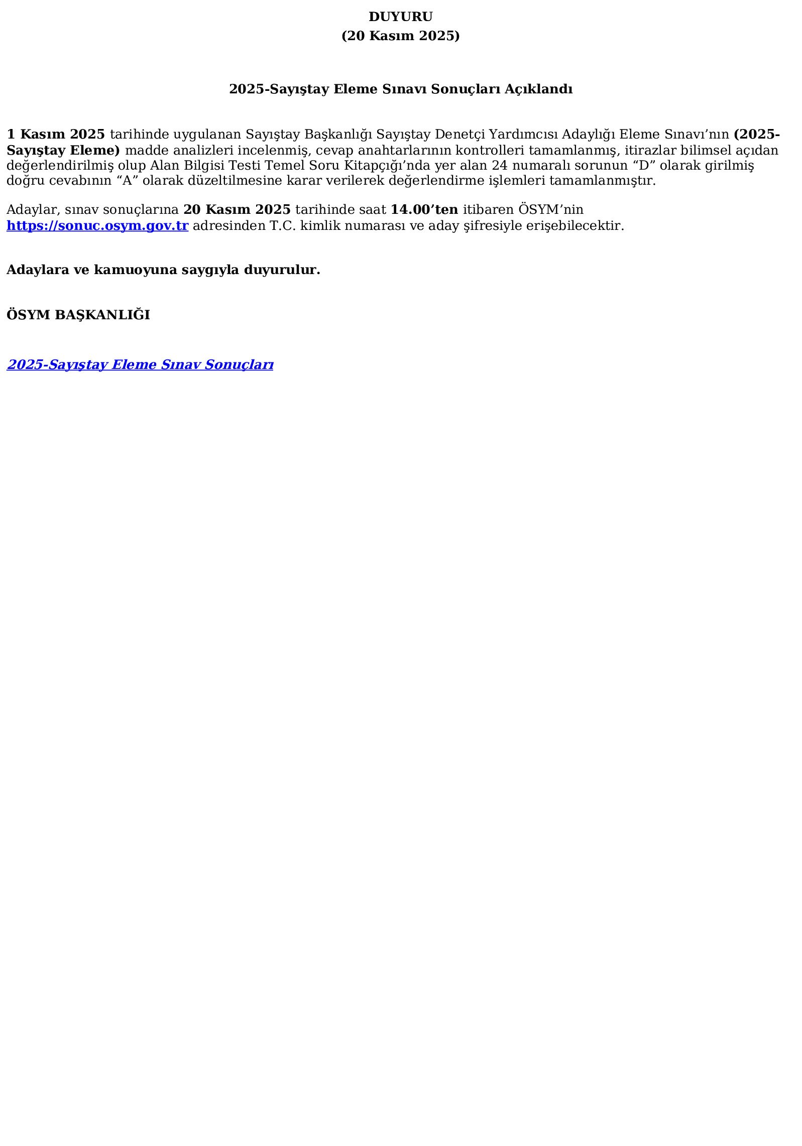 2025-Sayıştay Eleme Sınavı Sonuçları Açıklandı (20.11.2025) Ösym Tarafından Yapılan Açıklama