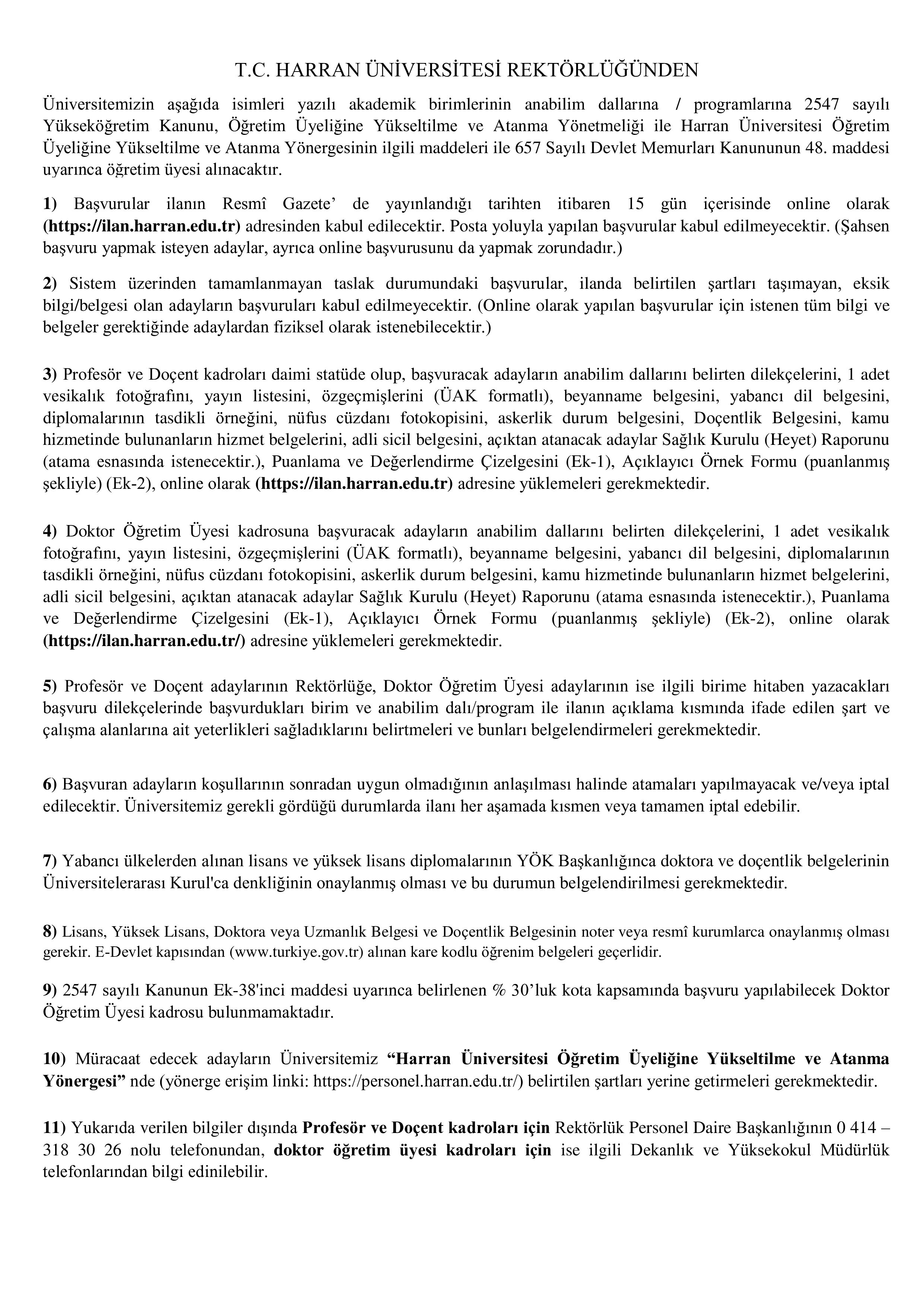 HARRAN ÜNİVERSİTESİ 56 ÖĞRETİM ÜYESİ ALACAK ( 21 Kasım - 5 Aralık) İlan İçeriği Sayfa 1