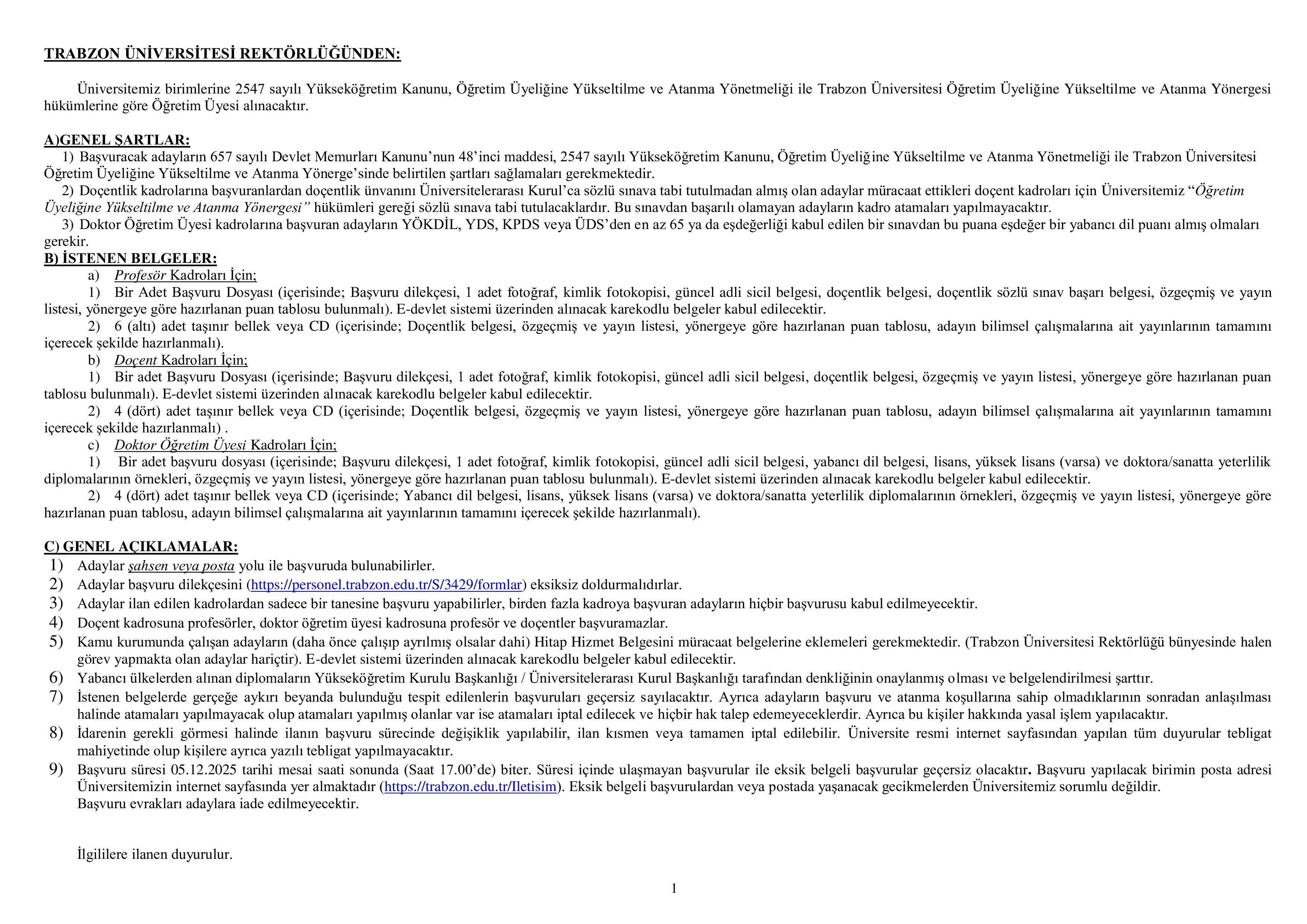 TRABZON ÜNİVERSİTESİ 18 ÖĞRETİM ÜYESİ ALACAK ( 21 Kasım - 5 Aralık) İlan İçeriği Sayfa 1