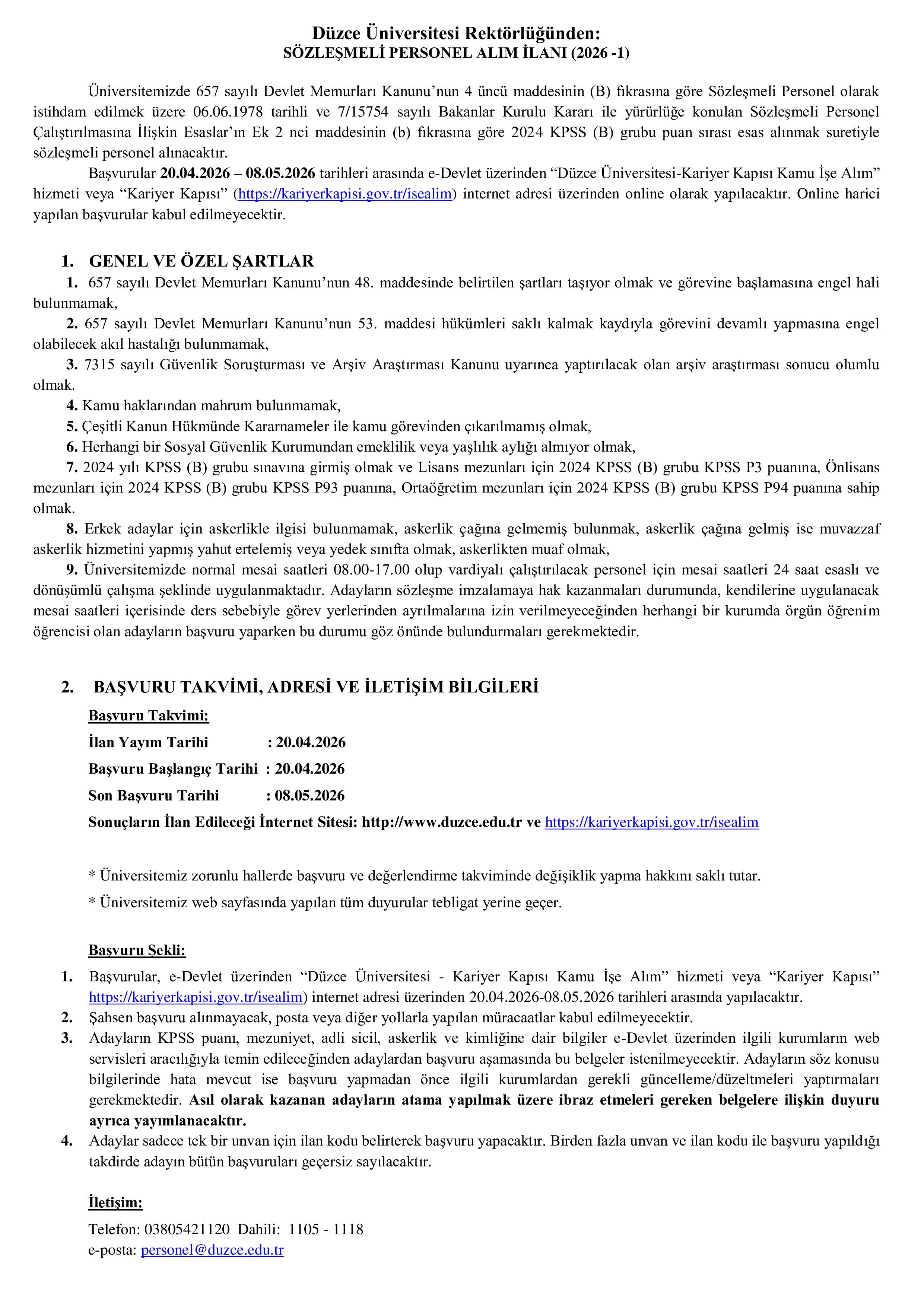 DÜZCE ÜNİVERSİTESİ 24 SÖZLEŞMELİ PERSONEL ALACAK ( 21 Nisan - 8 Mayıs) İlan İçeriği Sayfa 1