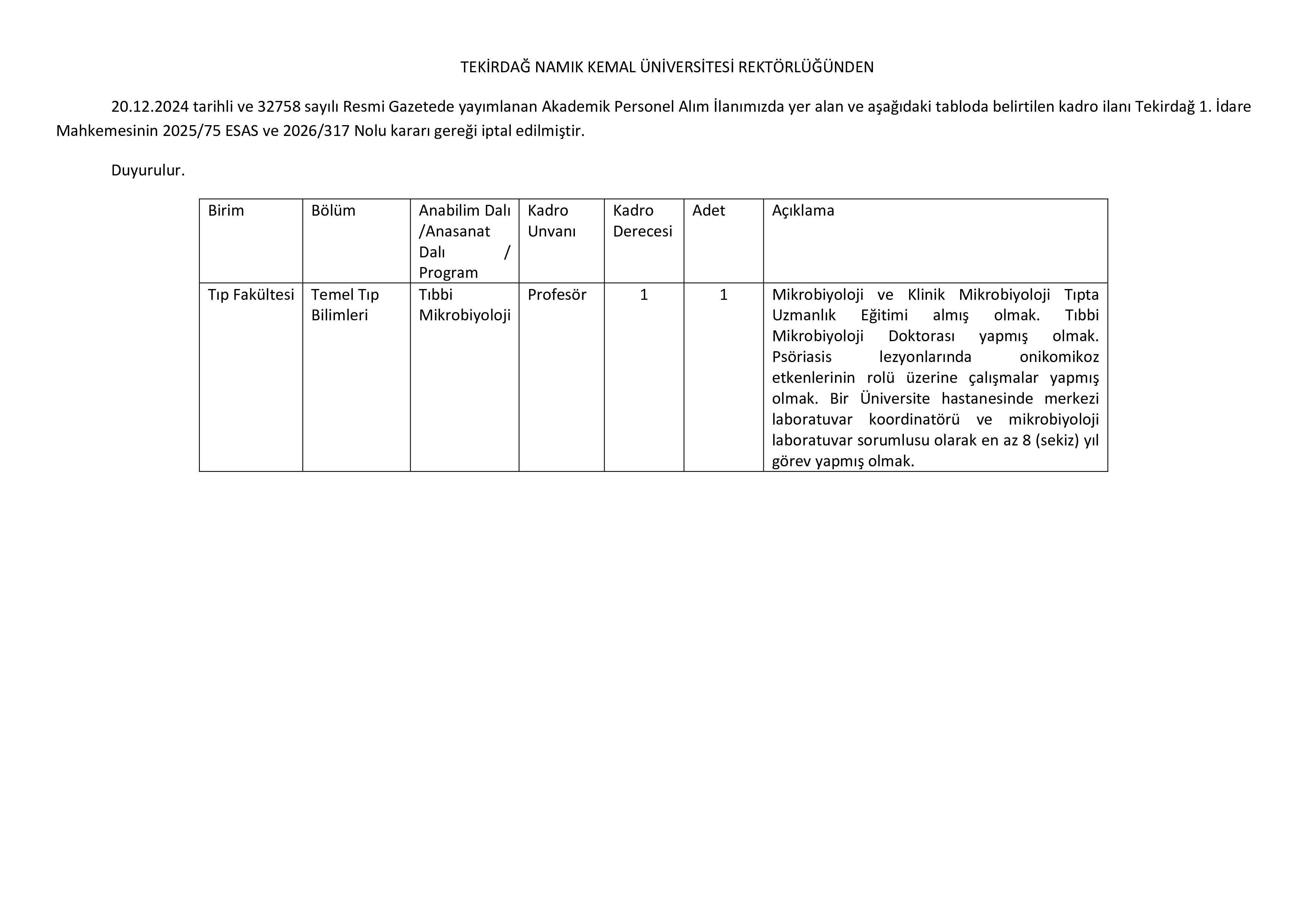 TEKİRDAĞ NAMIK KEMAL ÜNİVERSİTESİ ÖĞRETİM ÜYESİ ALIM İLANI İPTALİ ( 21 Nisan - 21 Nisan) İlan İçeriği Sayfa 1