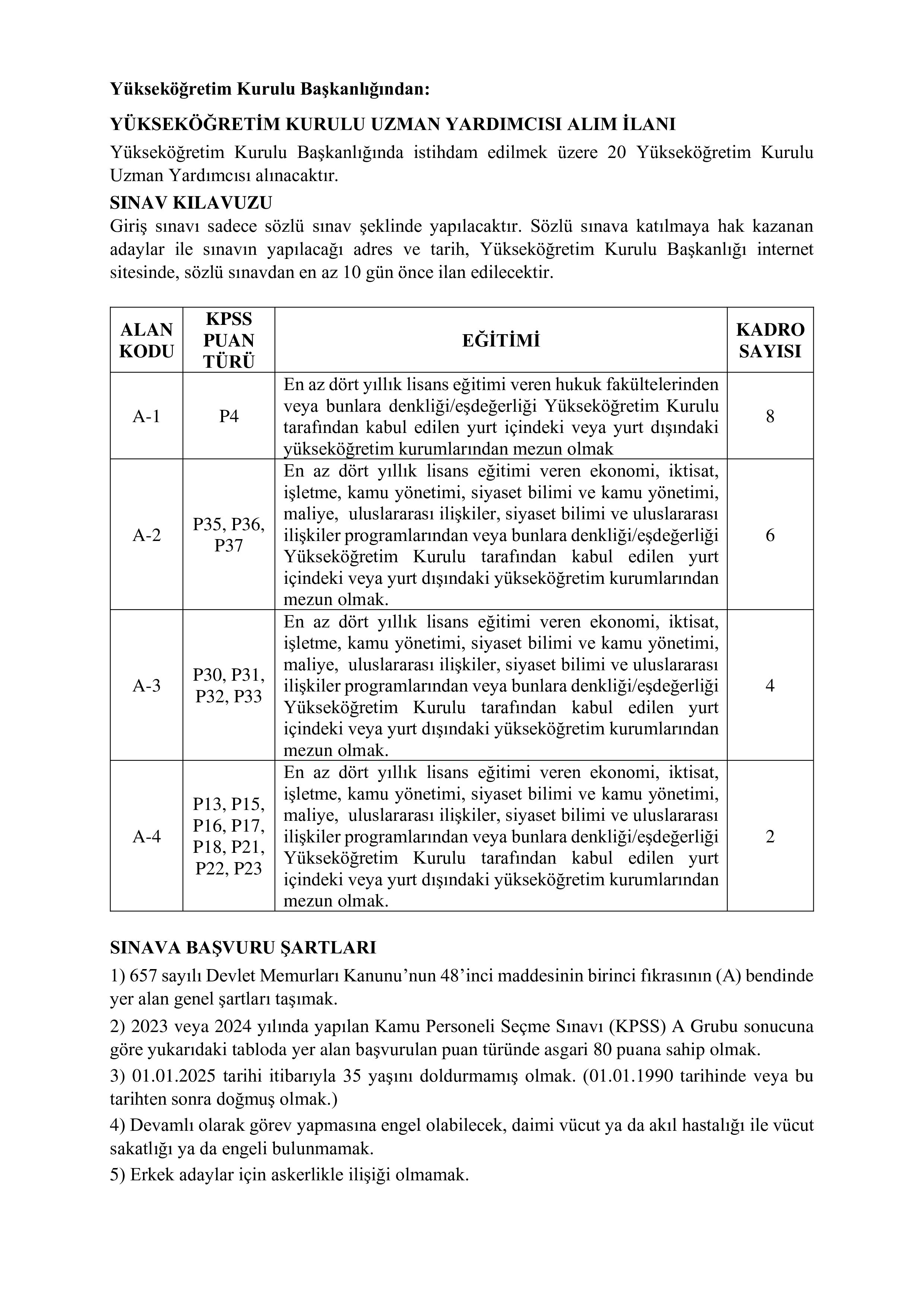 YÜKSEKÖĞRETİM KURULU BAŞKANLIĞI 20 YÜKSEKÖĞRETİM KURULU UZMAN YARDIMCISI ALACAK ( 24 Mart - 9 Nisan) İlan İçeriği Sayfa 1