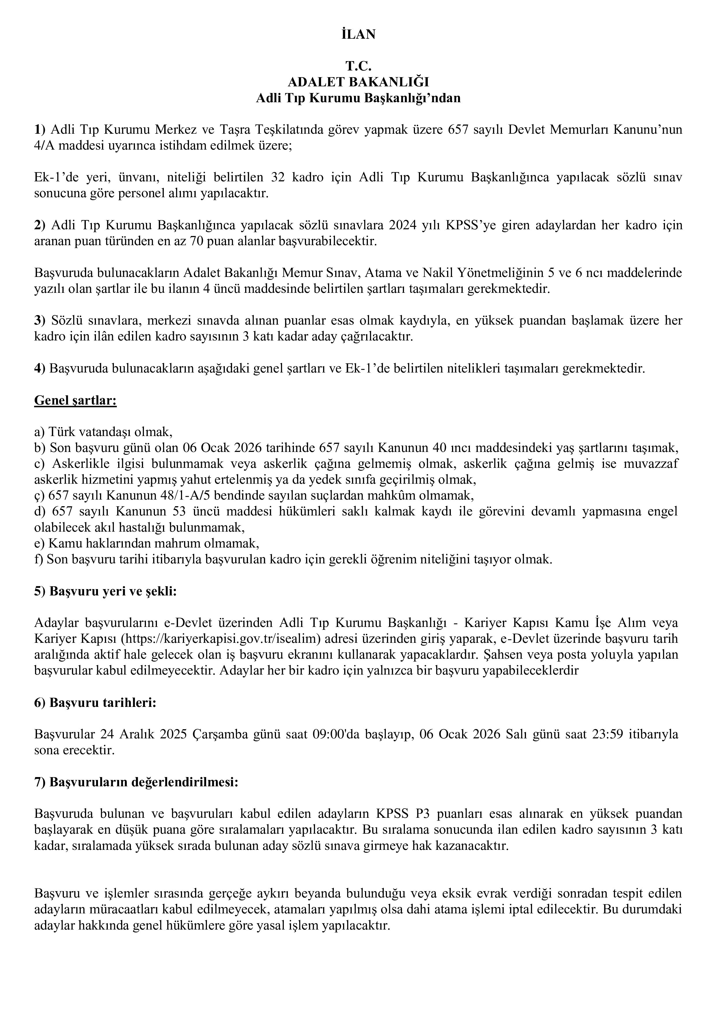 ADLİ TIP KURUMU BAŞKANLIĞI 32 MEMUR ALACAK ( 24 Aralık - 6 Ocak) İlan İçeriği Sayfa 1
