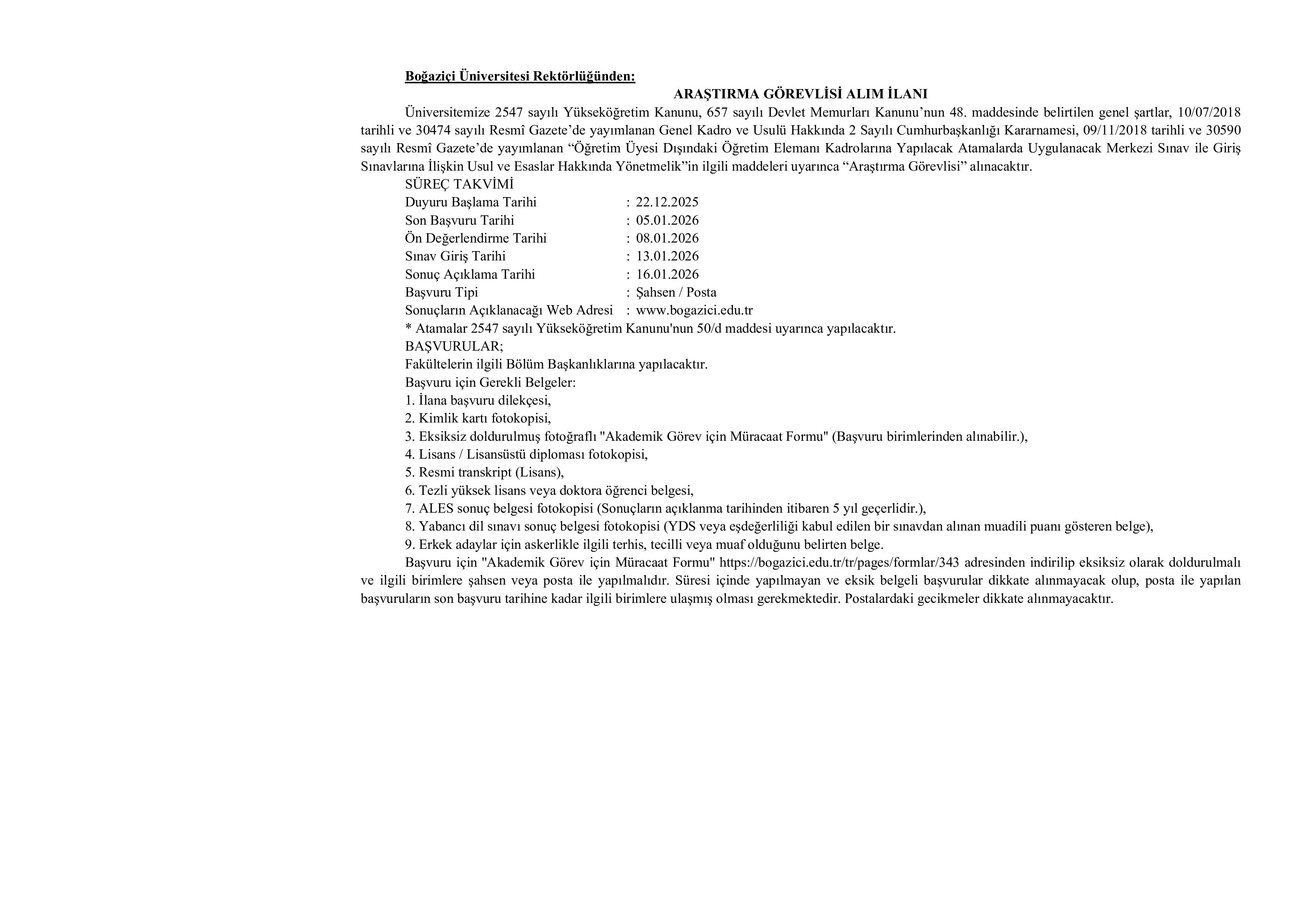 BOĞAZİÇİ ÜNİVERSİTESİ 10 ÖĞRETİM ELEMANI ALACAK ( 22 Aralık - 5 Ocak) İlan İçeriği Sayfa 1