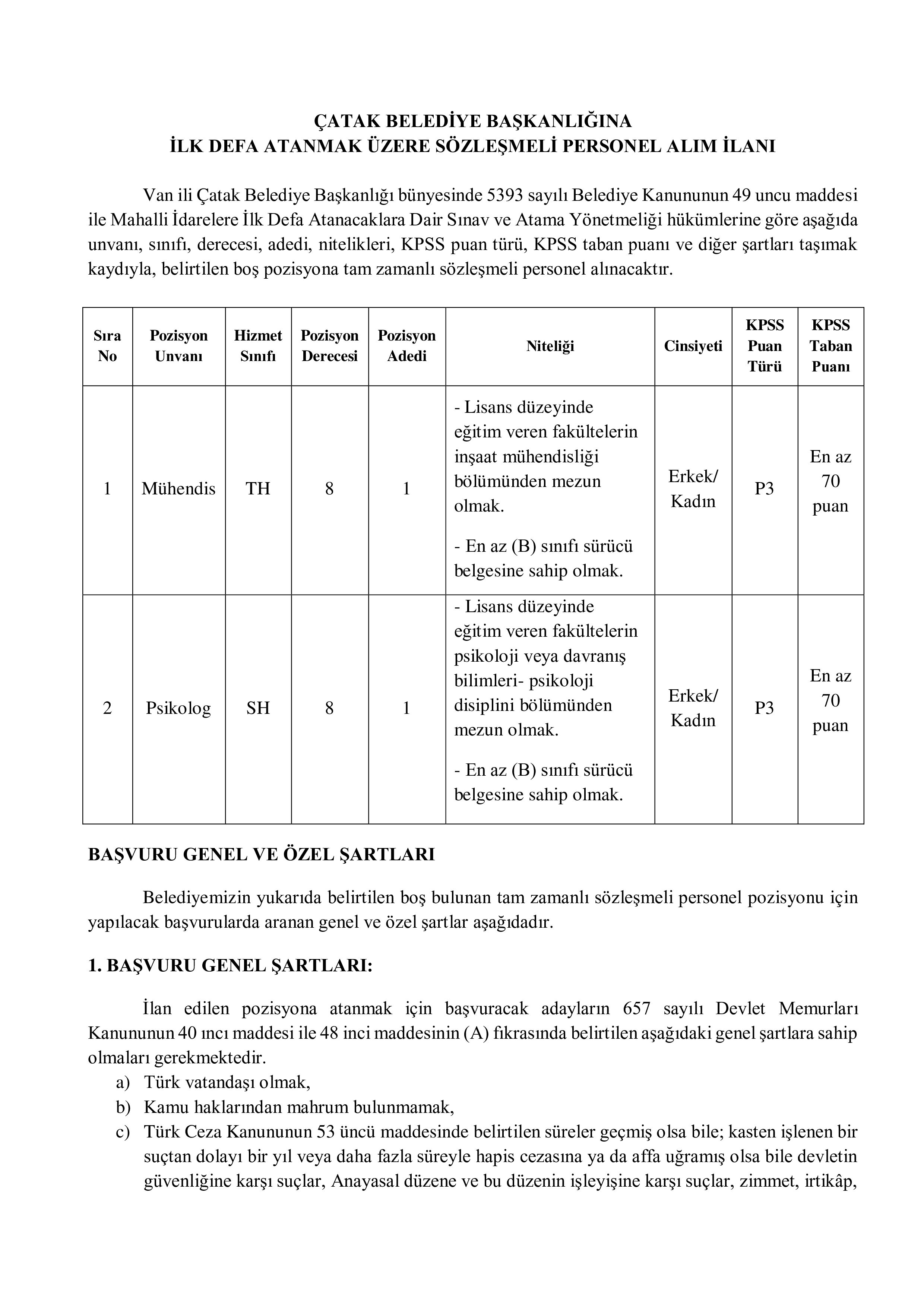 ÇATAK BELEDİYE BAŞKANLIĞI 2 SÖZLEŞMELİ PERSONEL ALACAK ( 28 Ocak - 30 Ocak) İlan İçeriği Sayfa 1