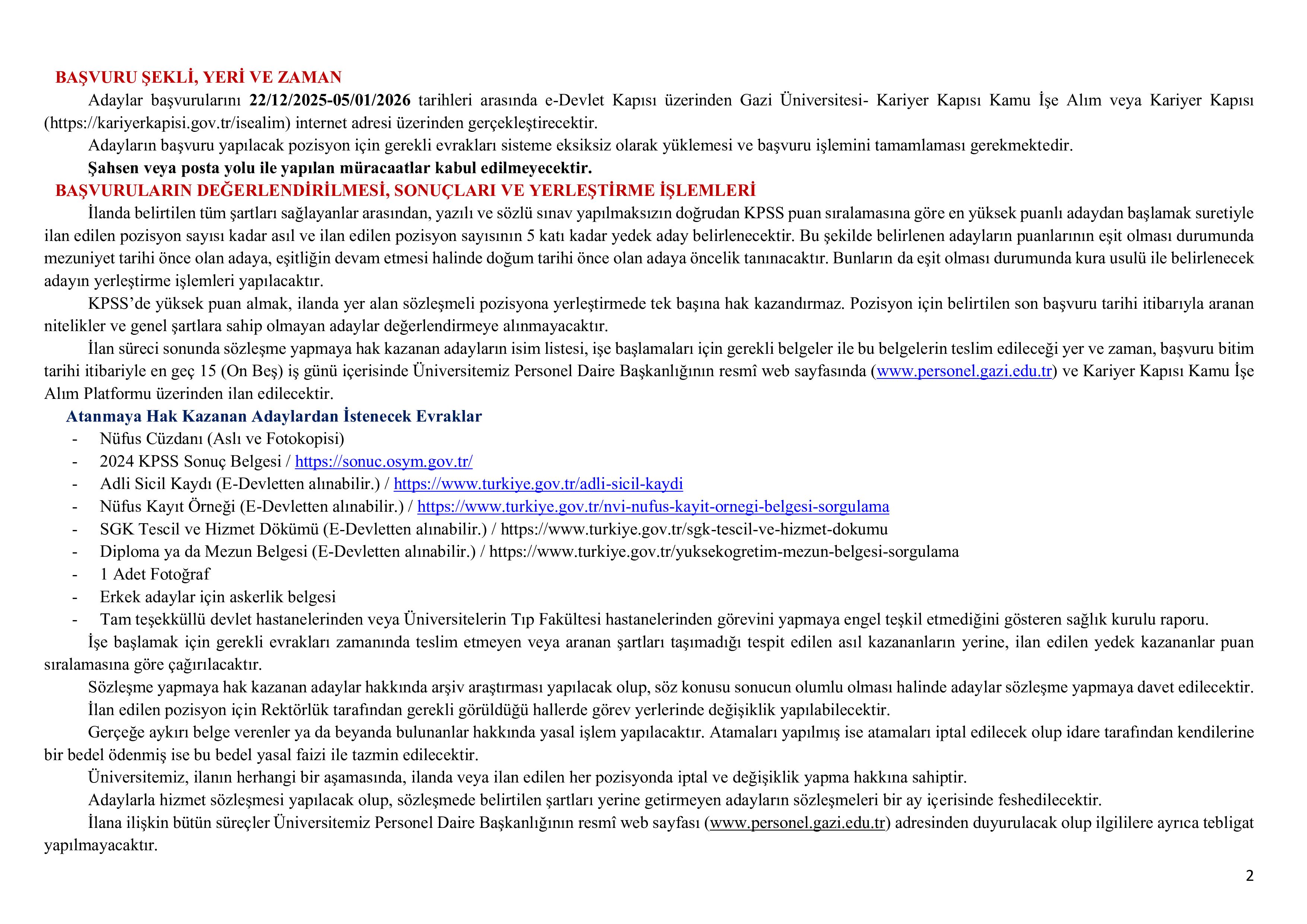 GAZİ ÜNİVERSİTESİ 2 ADET SÖZLEŞMELİ PERSONEL ALACAK ( 22 Aralık - 5 Ocak) İlan İçeriği Sayfa 2