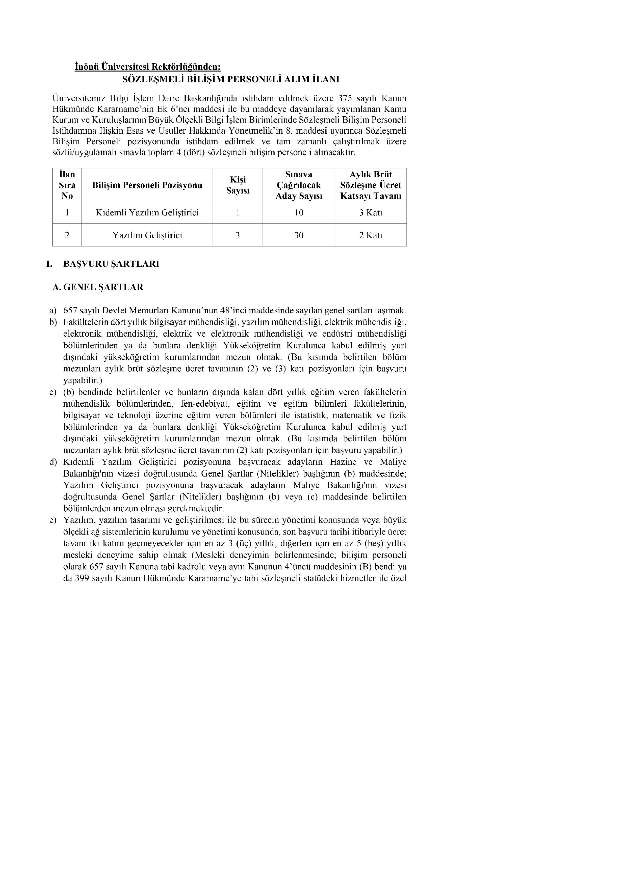 İNÖNÜ ÜNİVERSİTESİ 4  SÖZLEŞMELİ BİLİŞİM PERSONELİ ALACAK ( 22 Aralık - 5 Ocak) İlan İçeriği Sayfa 1