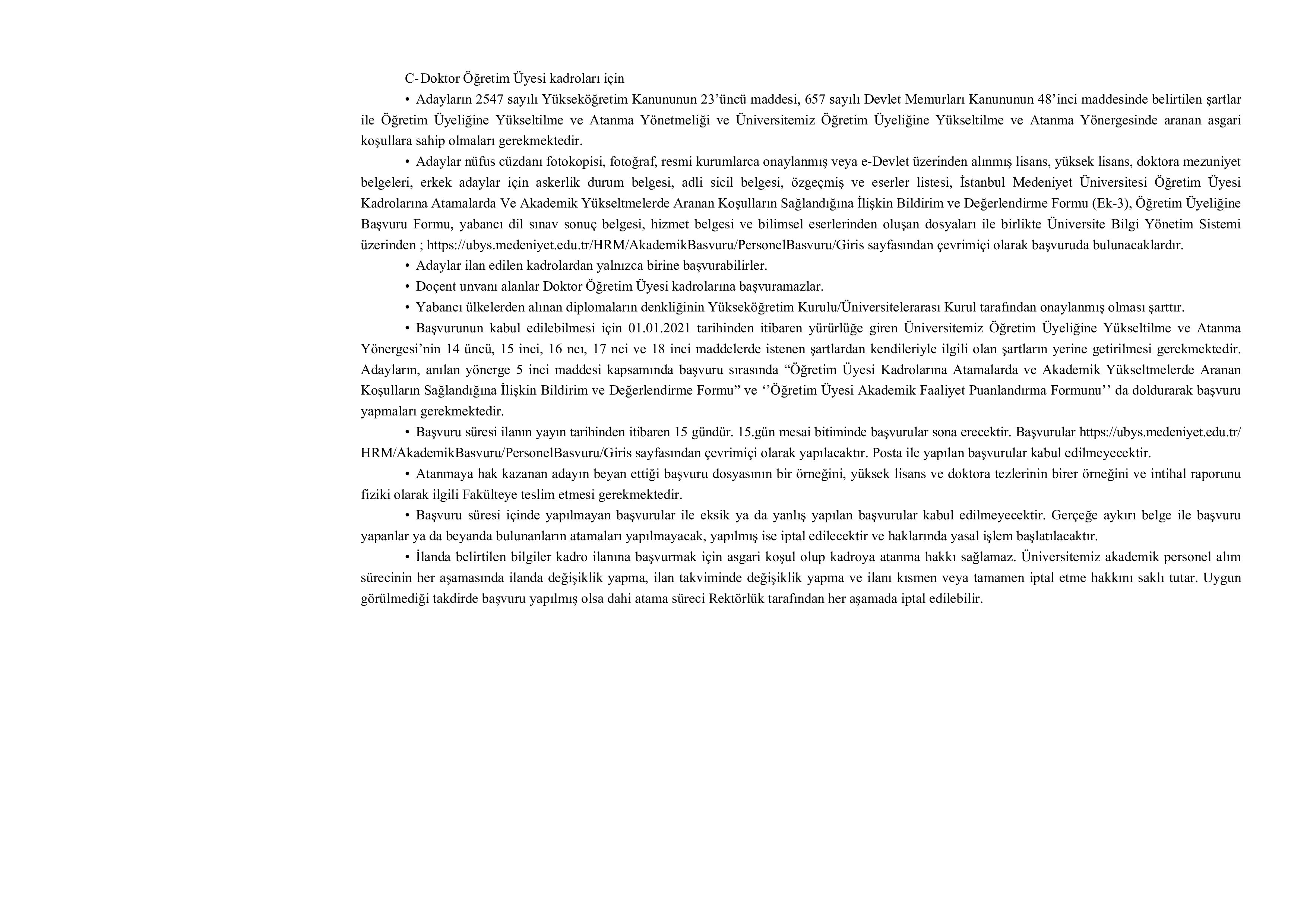 İSTANBUL MEDENİYET ÜNİVERSİTESİ 13 ÖĞRETİM ÜYESİ ALACAK ( 22 Aralık - 5 Ocak) İlan İçeriği Sayfa 3