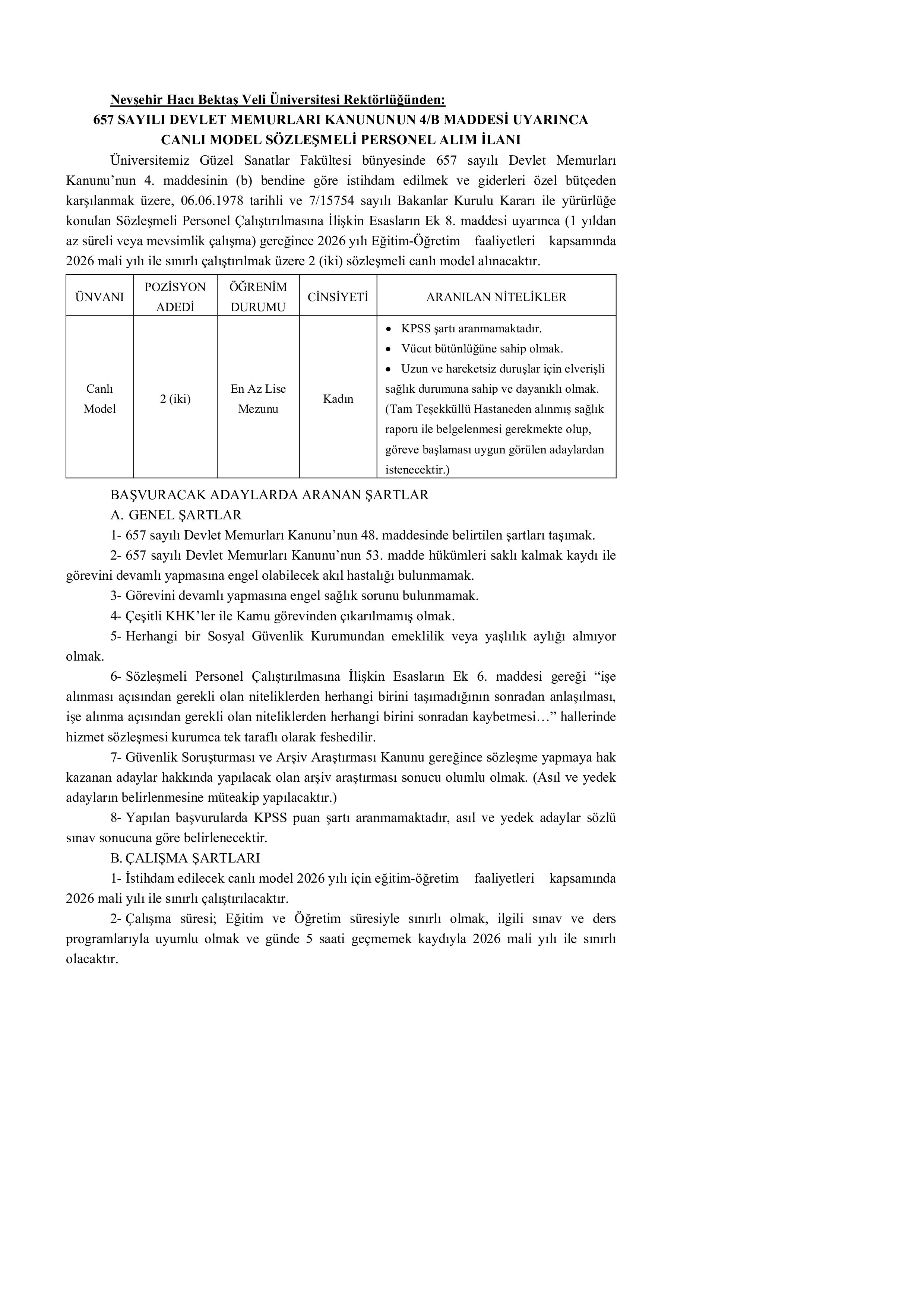 NEVŞEHİR HACI BEKTAŞ VELİ ÜNİVERSİTESİ 2 SÖZLEŞMELİ PERSONEL ALACAK ( 22 Aralık - 5 Ocak) İlan İçeriği Sayfa 1