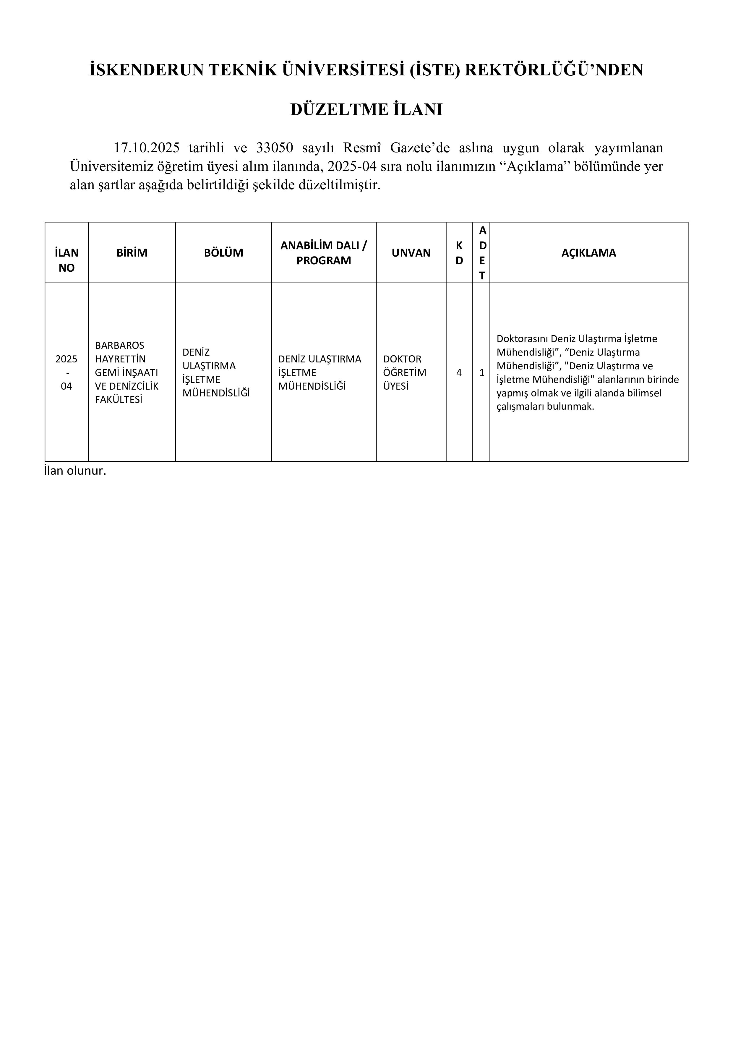 İlan İçeriği Sayfa 1 İSKENDERUN TEKNİK ÜNİVERSİTESİ ÖĞRETİM ÜYESİ İLANI DÜZELTME METNİ ( 22 Ekim - 31 Ekim) İlan İçeriği Sayfa 1